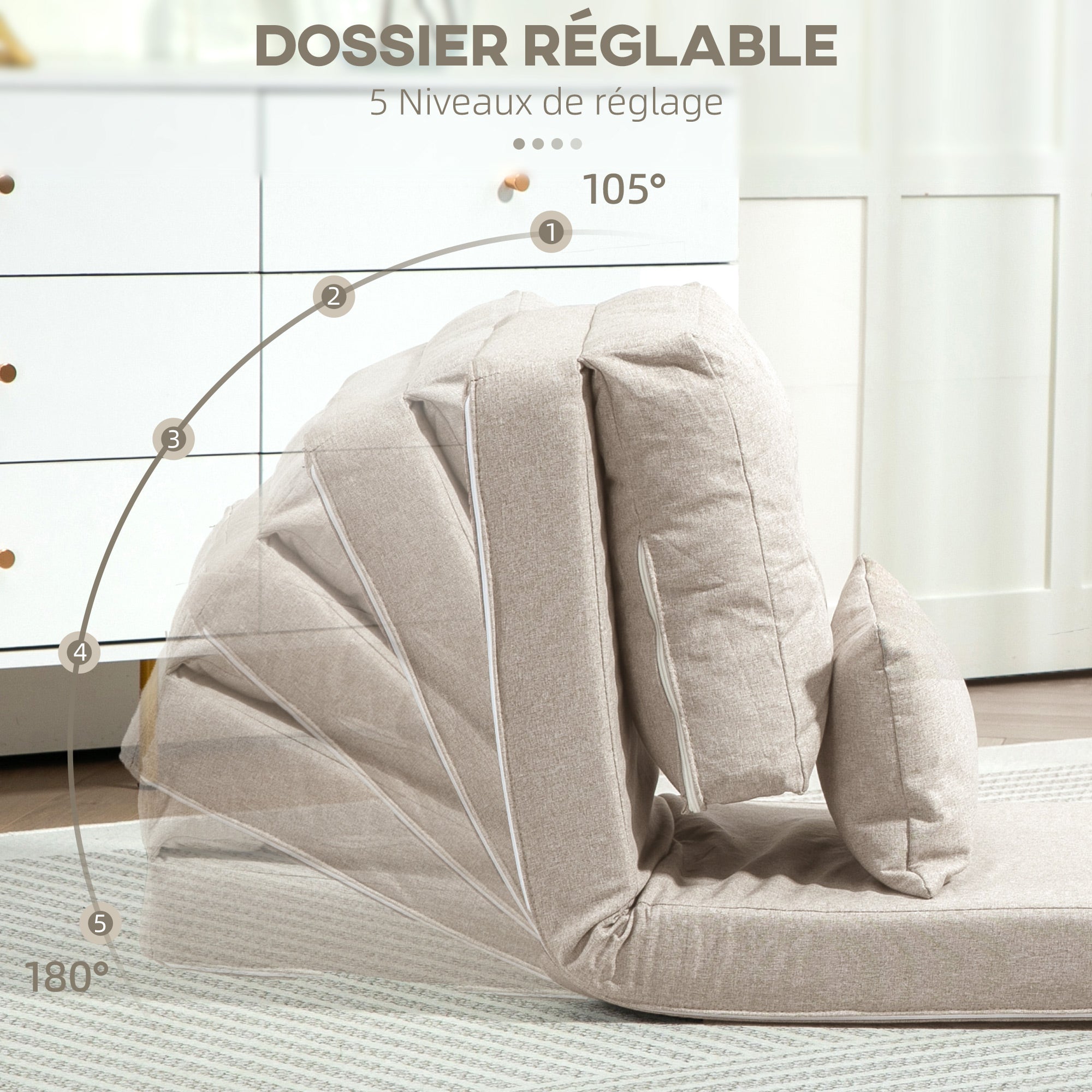 Fauteuil convertible 1 place fauteuil paresseux lit chauffeuse 1 place - coussin inclus, dossier réglable - salon, charge 120 kg, tissu lin beige