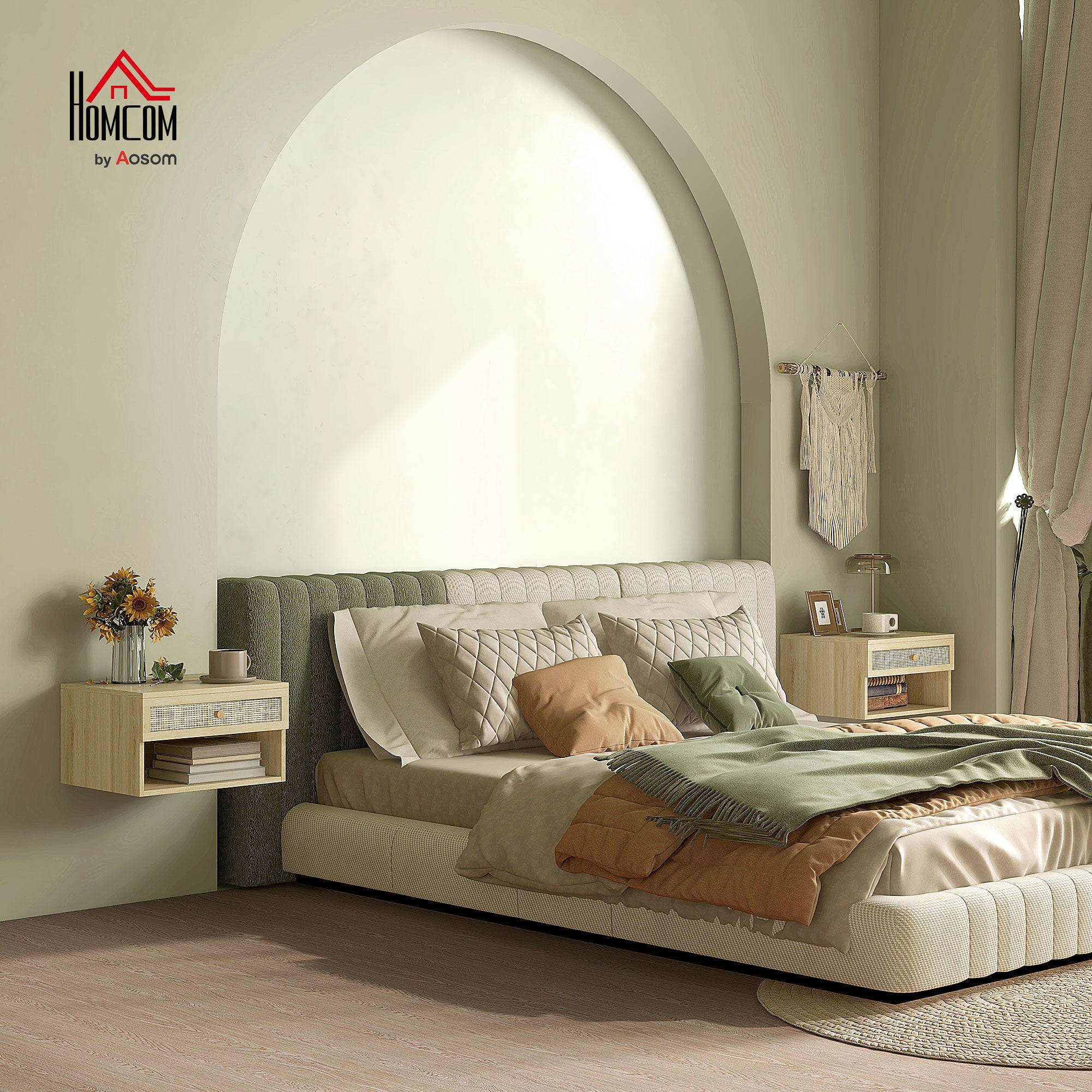 Lot de 2 tables de chevet murales table de nuit - tiroir coulissant, niche, plateau - en bois façade effet rotin tissé dim. 40L x 34l x 23H cm