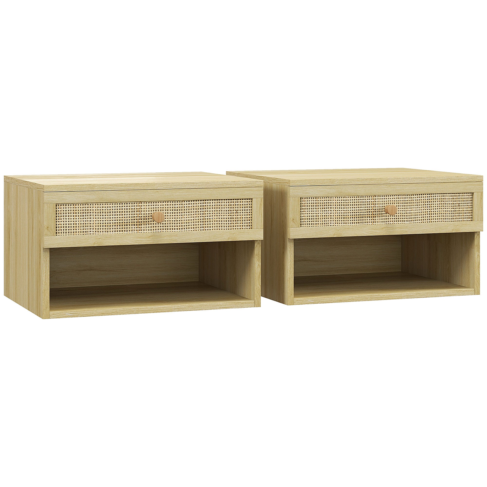 Lot de 2 tables de chevet murales table de nuit - tiroir coulissant, niche, plateau - en bois façade effet rotin tissé dim. 40L x 34l x 23H cm