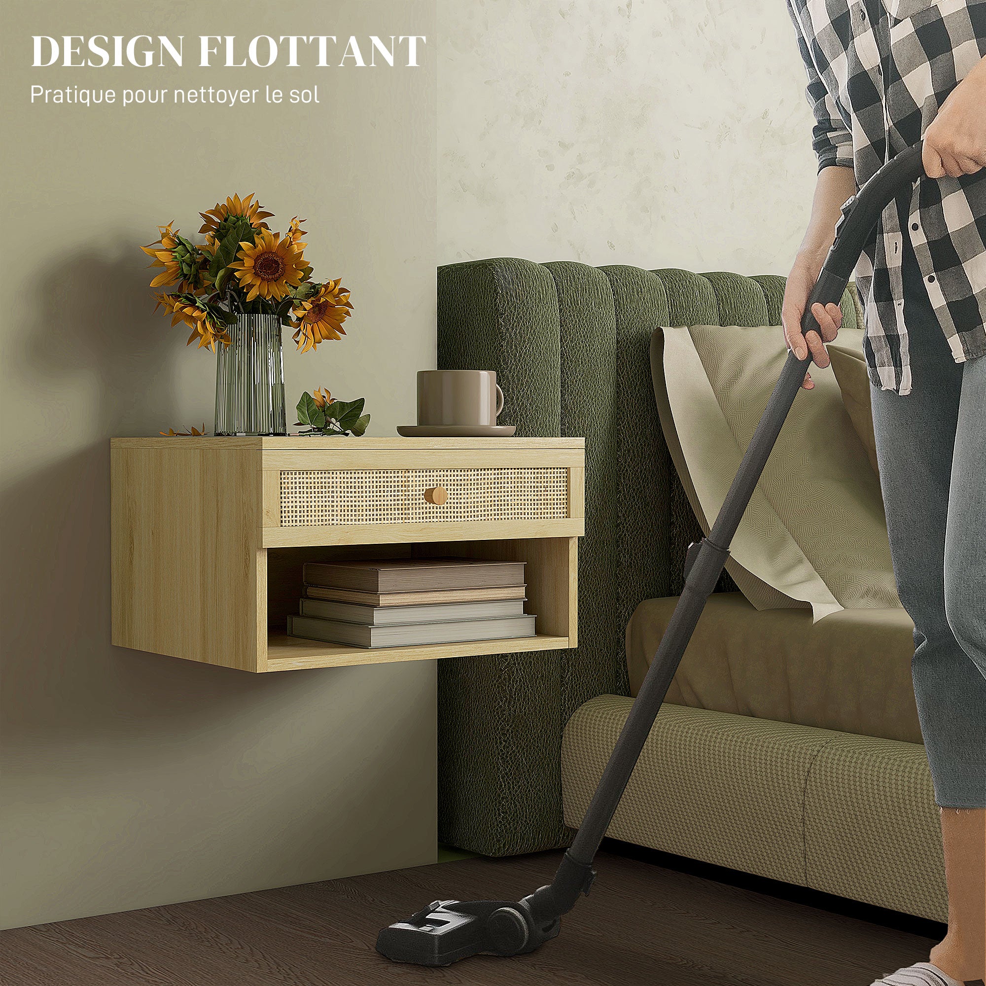 Lot de 2 tables de chevet murales table de nuit - tiroir coulissant, niche, plateau - en bois façade effet rotin tissé dim. 40L x 34l x 23H cm