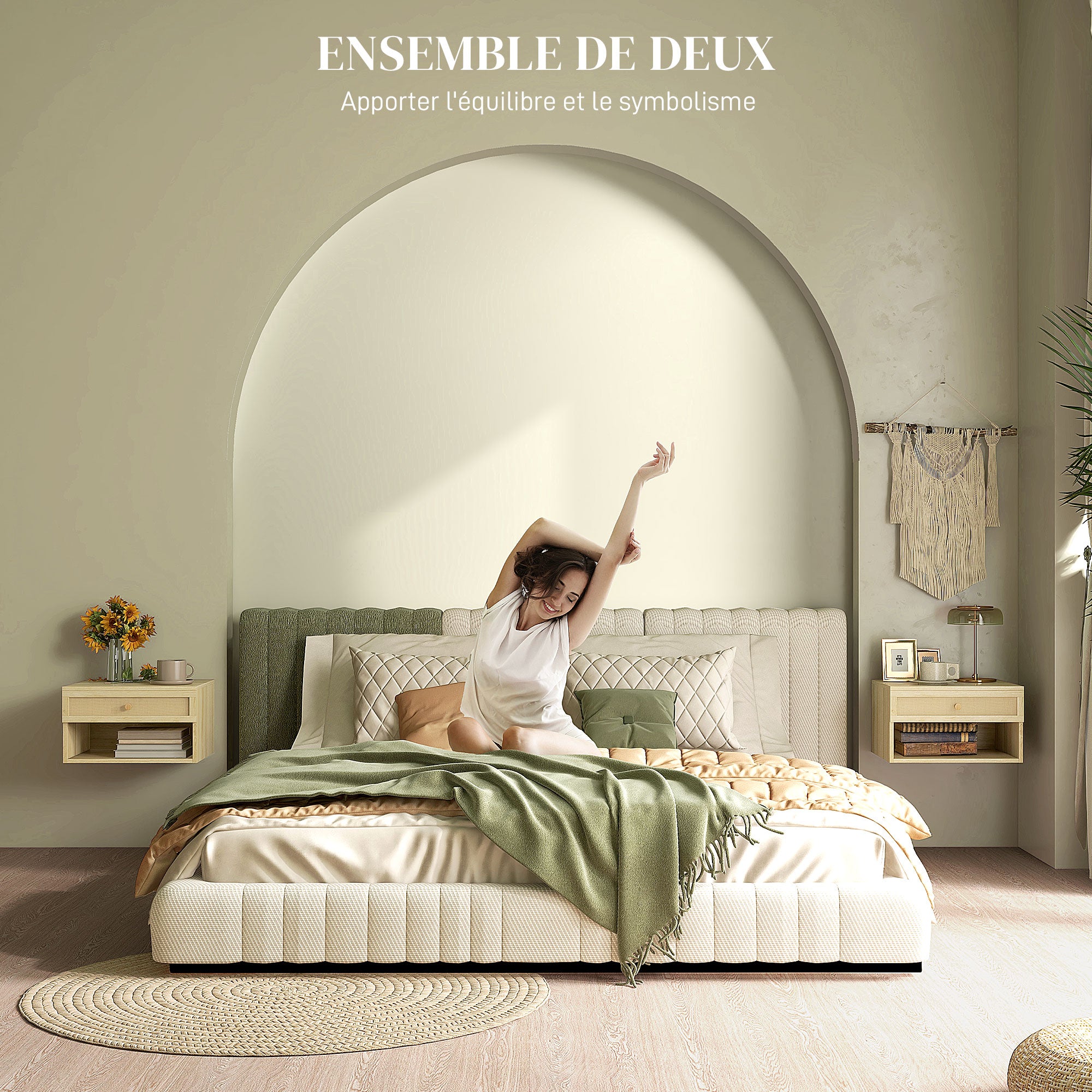 Lot de 2 tables de chevet murales table de nuit - tiroir coulissant, niche, plateau - en bois façade effet rotin tissé dim. 40L x 34l x 23H cm