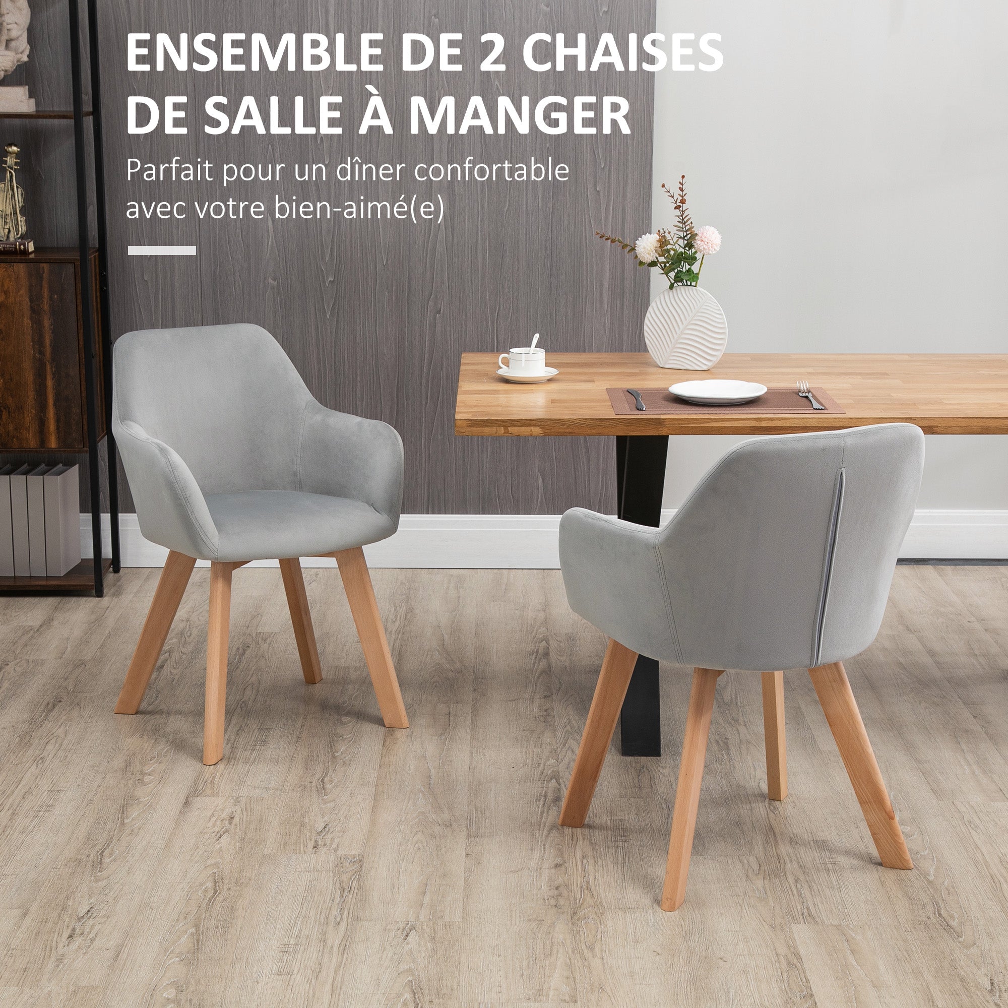 Lot de 2 chaises de salle à manger chaise de cuisine assise rembourrée en tissu effet velours pieds en bois pour cuisine salon chambre bureau, gris
