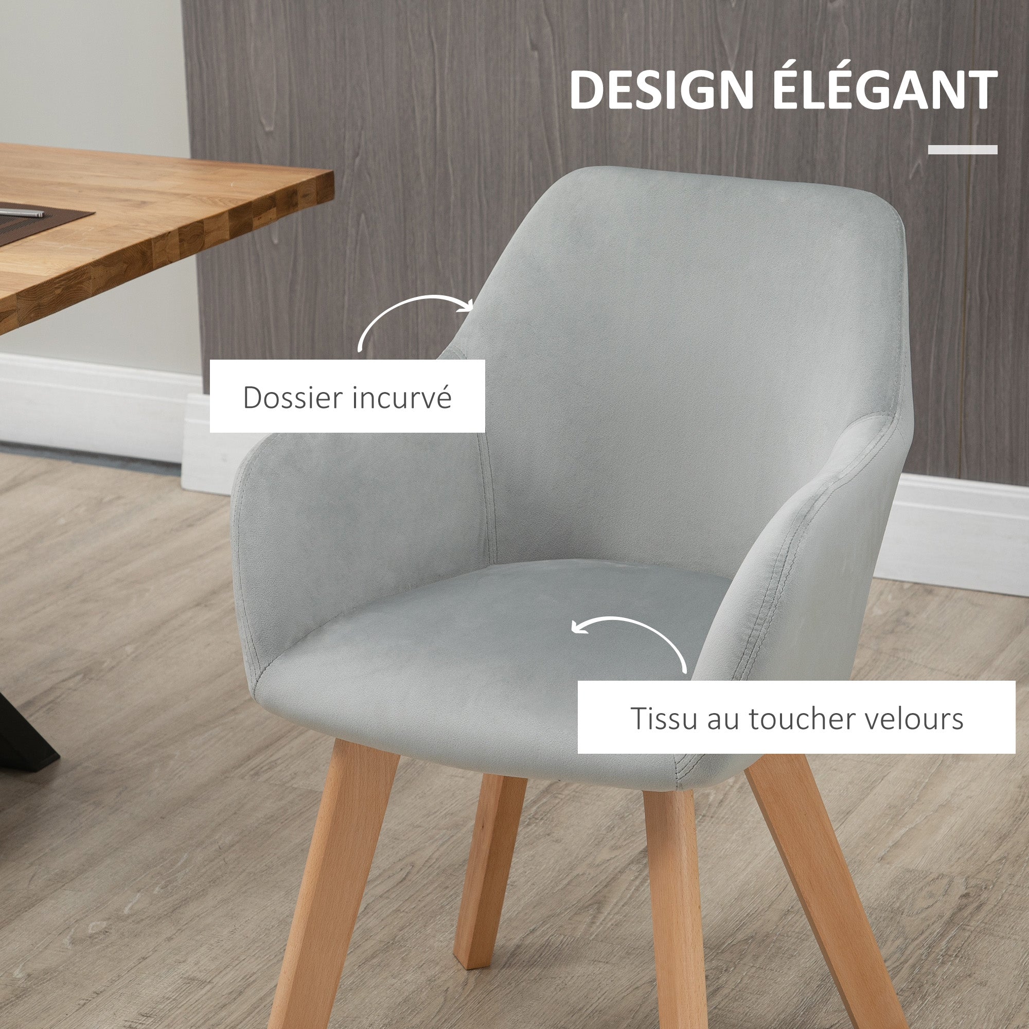 Lot de 2 chaises de salle à manger chaise de cuisine assise rembourrée en tissu effet velours pieds en bois pour cuisine salon chambre bureau, gris