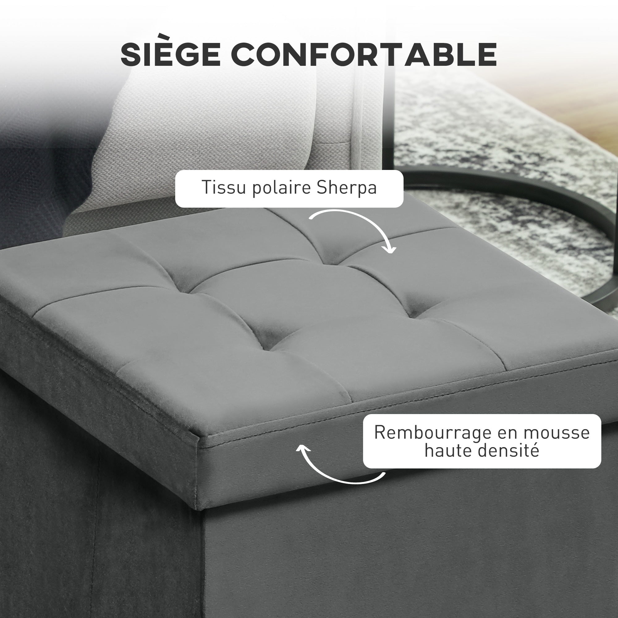 Tabouret, pouf coffre rangement, pouf repose-pieds en tissu velours, pour la chambre à coucher, entrée, salon, charge 120 Kg, 38 x 38 x 38 cm, gris