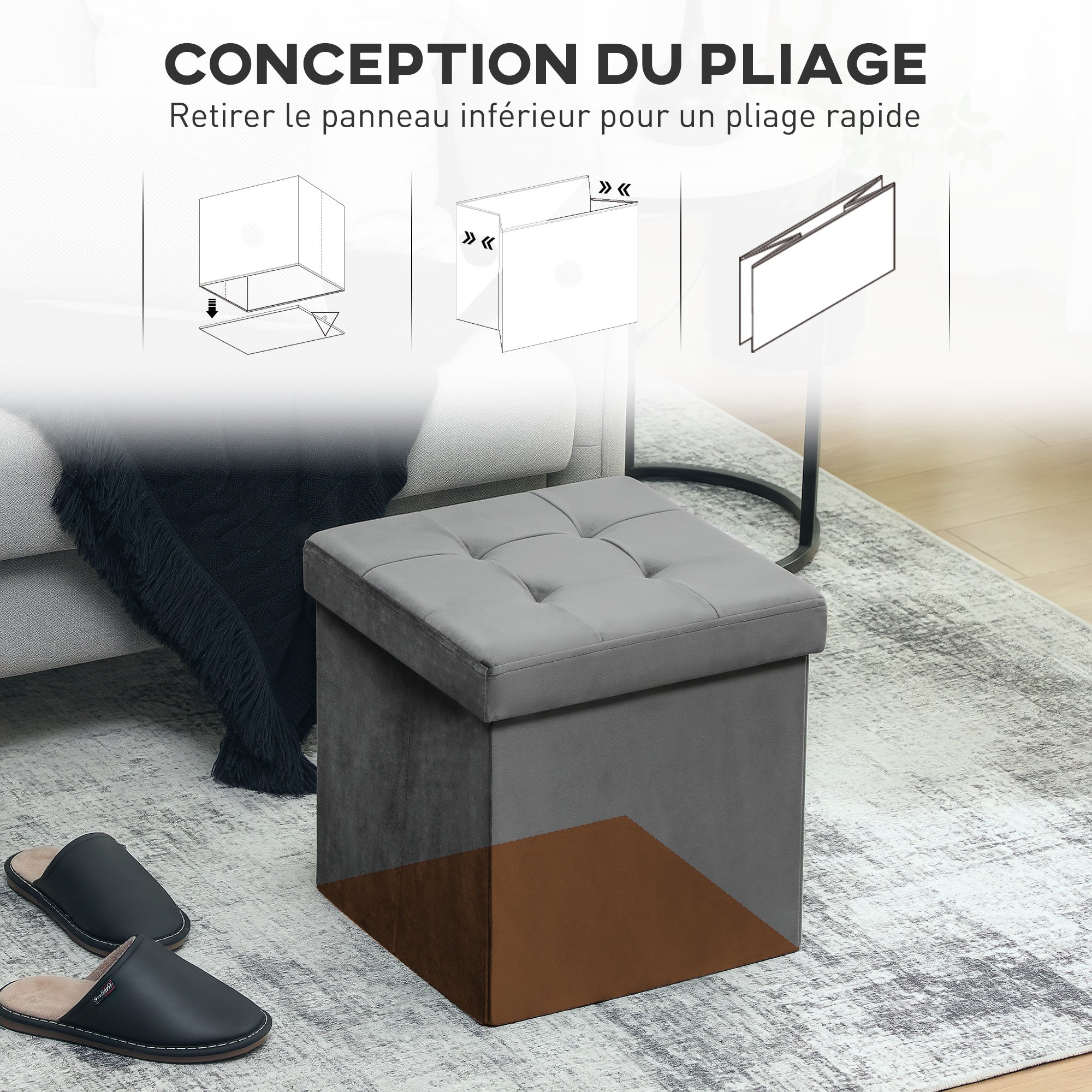 Tabouret, pouf coffre rangement, pouf repose-pieds en tissu velours, pour la chambre à coucher, entrée, salon, charge 120 Kg, 38 x 38 x 38 cm, gris