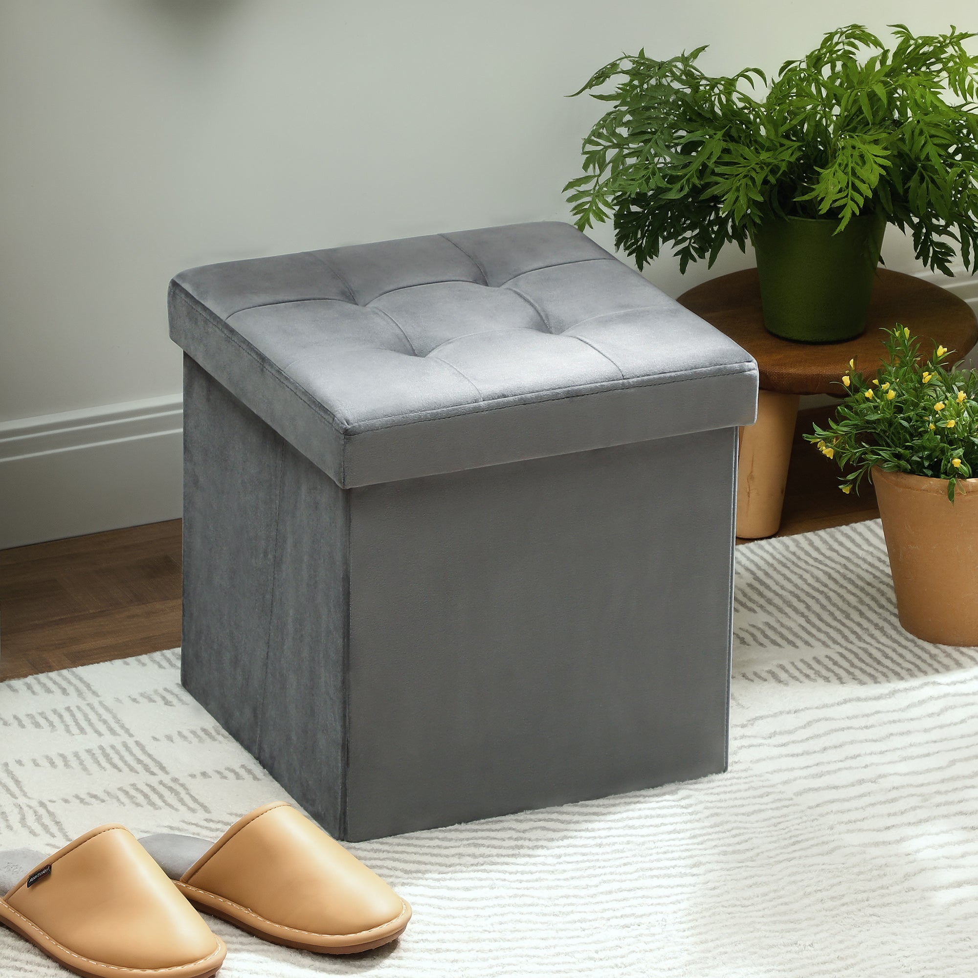 Tabouret, pouf coffre rangement, pouf repose-pieds en tissu velours, pour la chambre à coucher, entrée, salon, charge 120 Kg, 38 x 38 x 38 cm, gris
