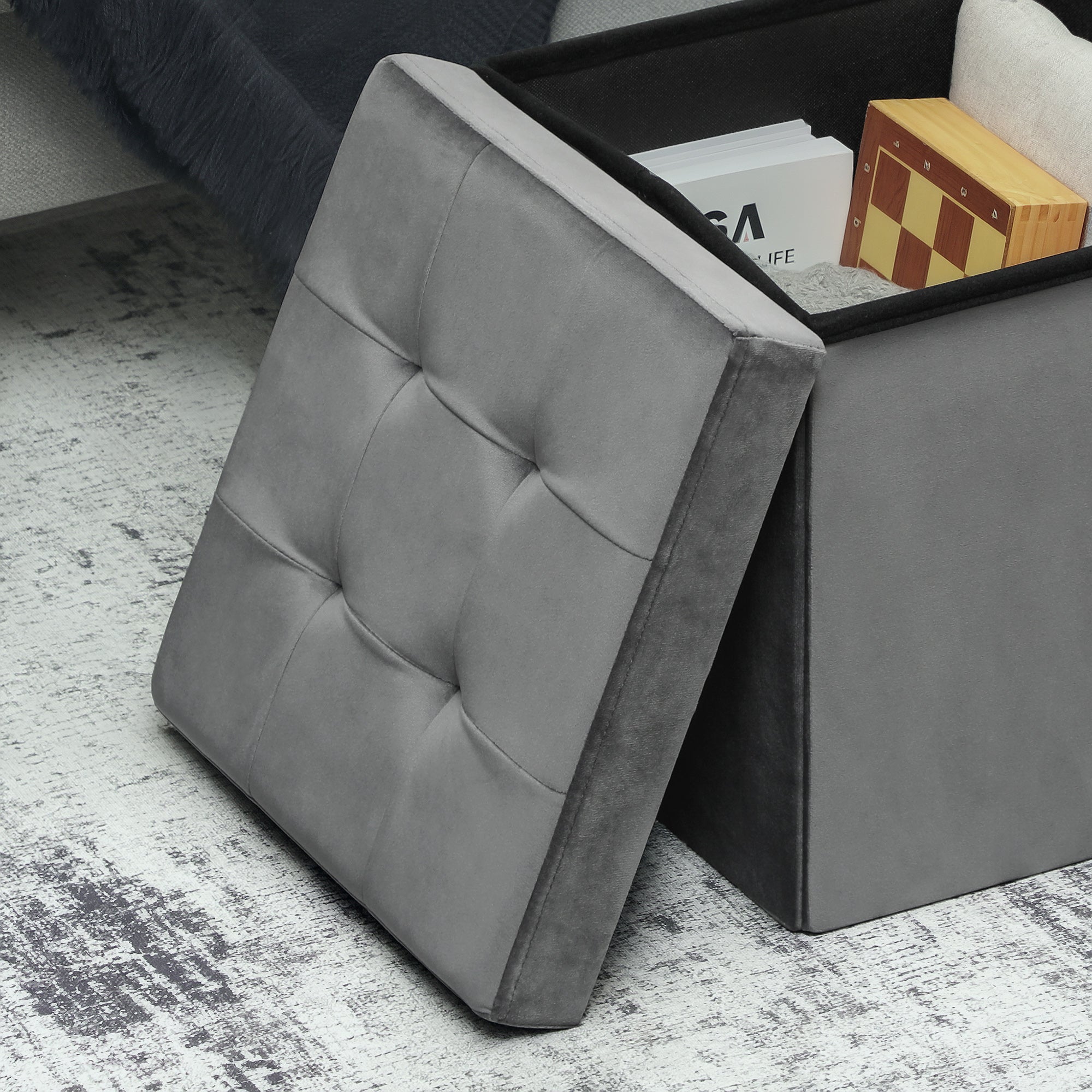 Tabouret, pouf coffre rangement, pouf repose-pieds en tissu velours, pour la chambre à coucher, entrée, salon, charge 120 Kg, 38 x 38 x 38 cm, gris