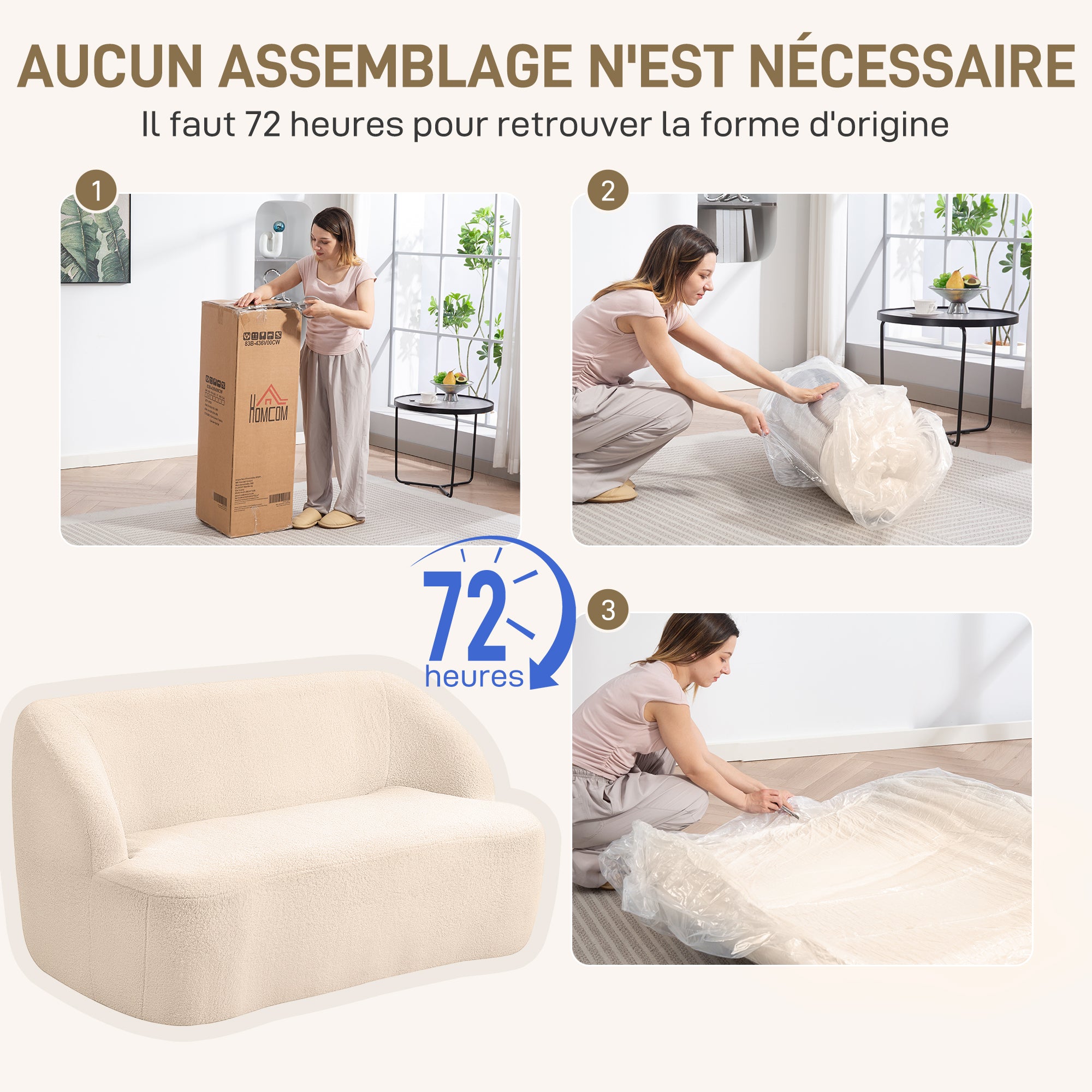 Canapé 2 places canapé en tissu bouclette 142 cm avec dossier et assise incurvés, entièrement compressé, sofa moderne pour chambre, appartement, petit espace, aucun assemblage requis, beige