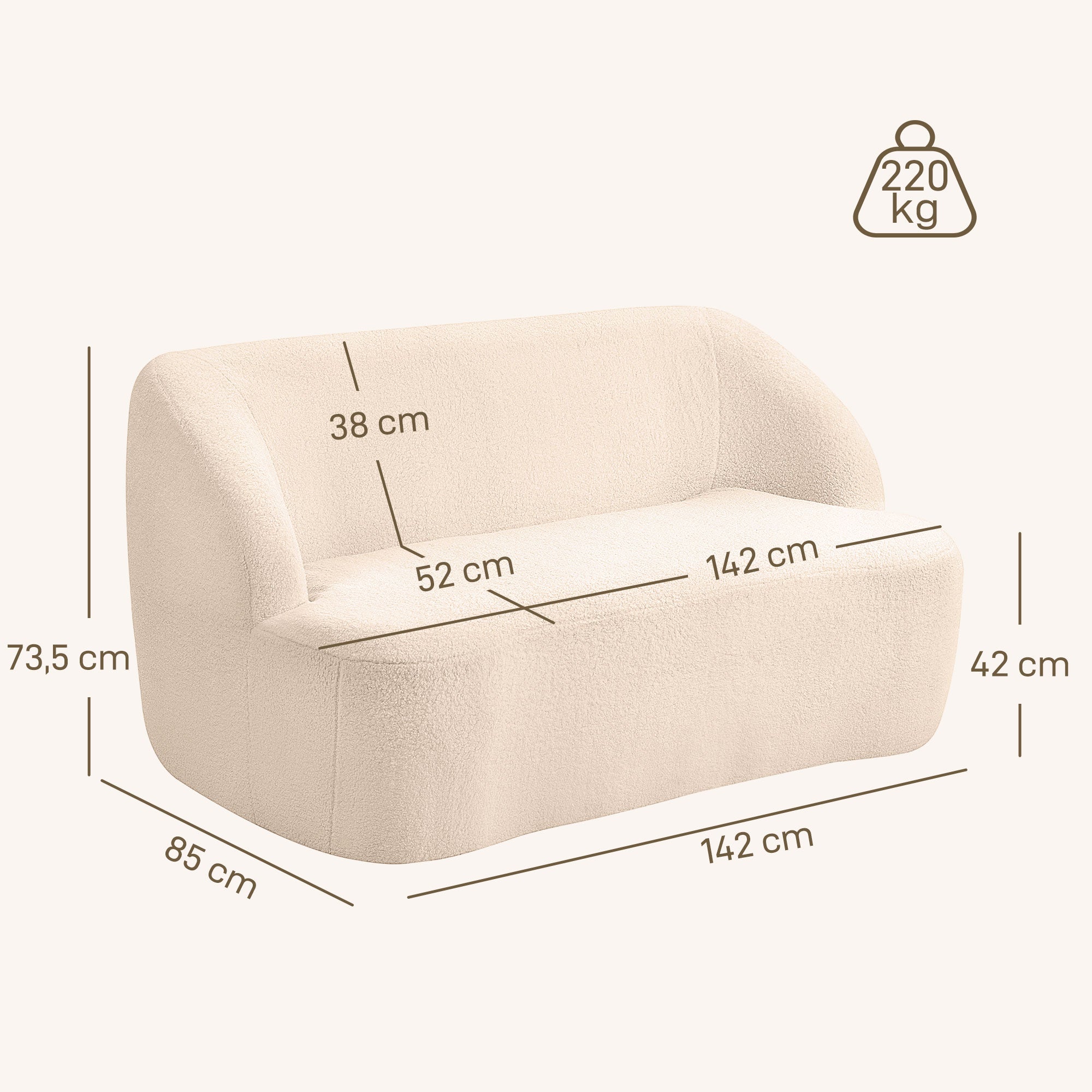 Canapé 2 places canapé en tissu bouclette 142 cm avec dossier et assise incurvés, entièrement compressé, sofa moderne pour chambre, appartement, petit espace, aucun assemblage requis, beige