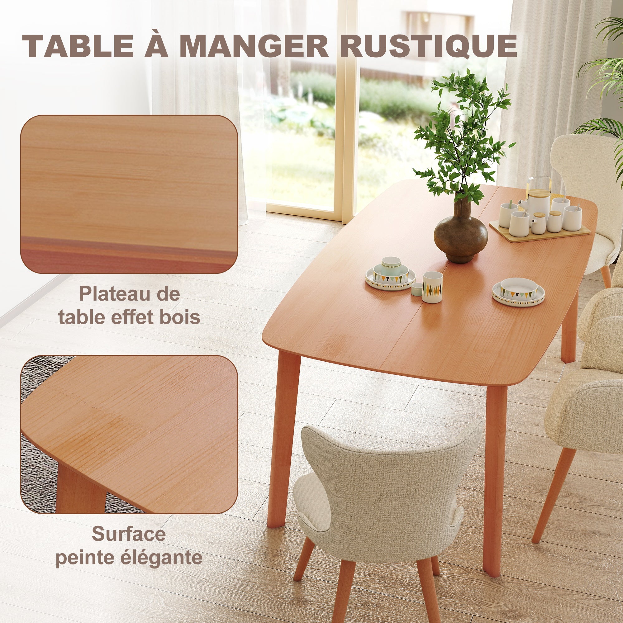 Table à manger rectangulaire pour 6 personnes table de cuisine 150 cm avec cadre en bois massif et grand plateau, pour salle à manger, salon, bureau, effet bois naturel