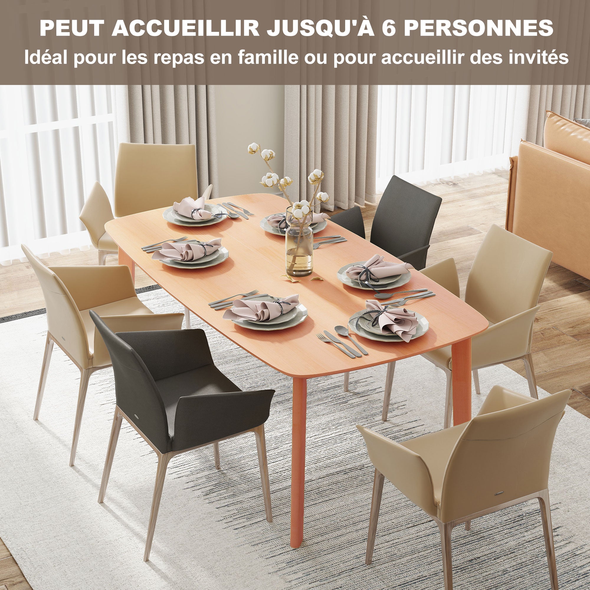 Table à manger rectangulaire pour 6 personnes table de cuisine 150 cm avec cadre en bois massif et grand plateau, pour salle à manger, salon, bureau, effet bois naturel