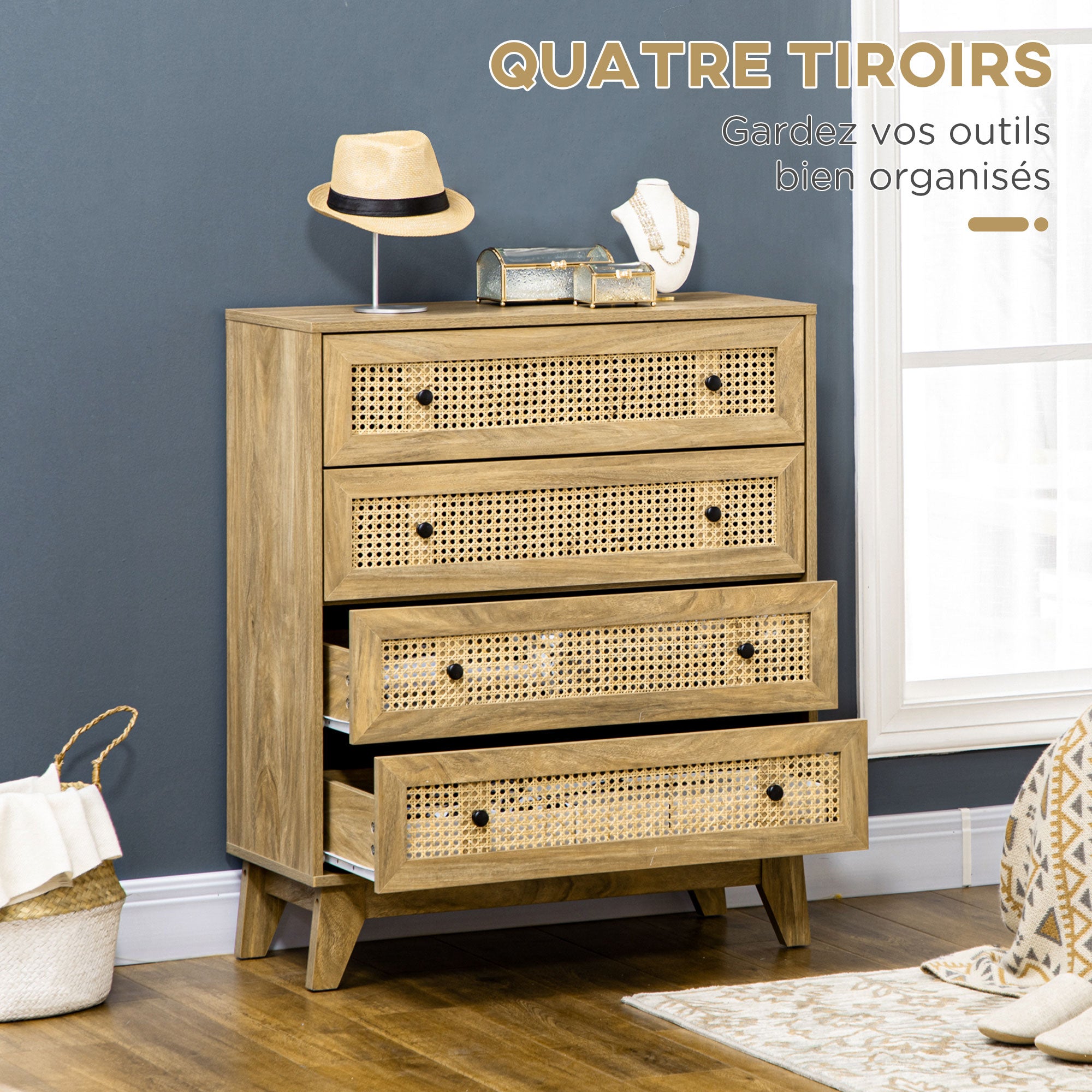 Commode 4 tiroirs meuble de rangement cannage en rotin 80 x 35 x 95 cm aspect bois clair