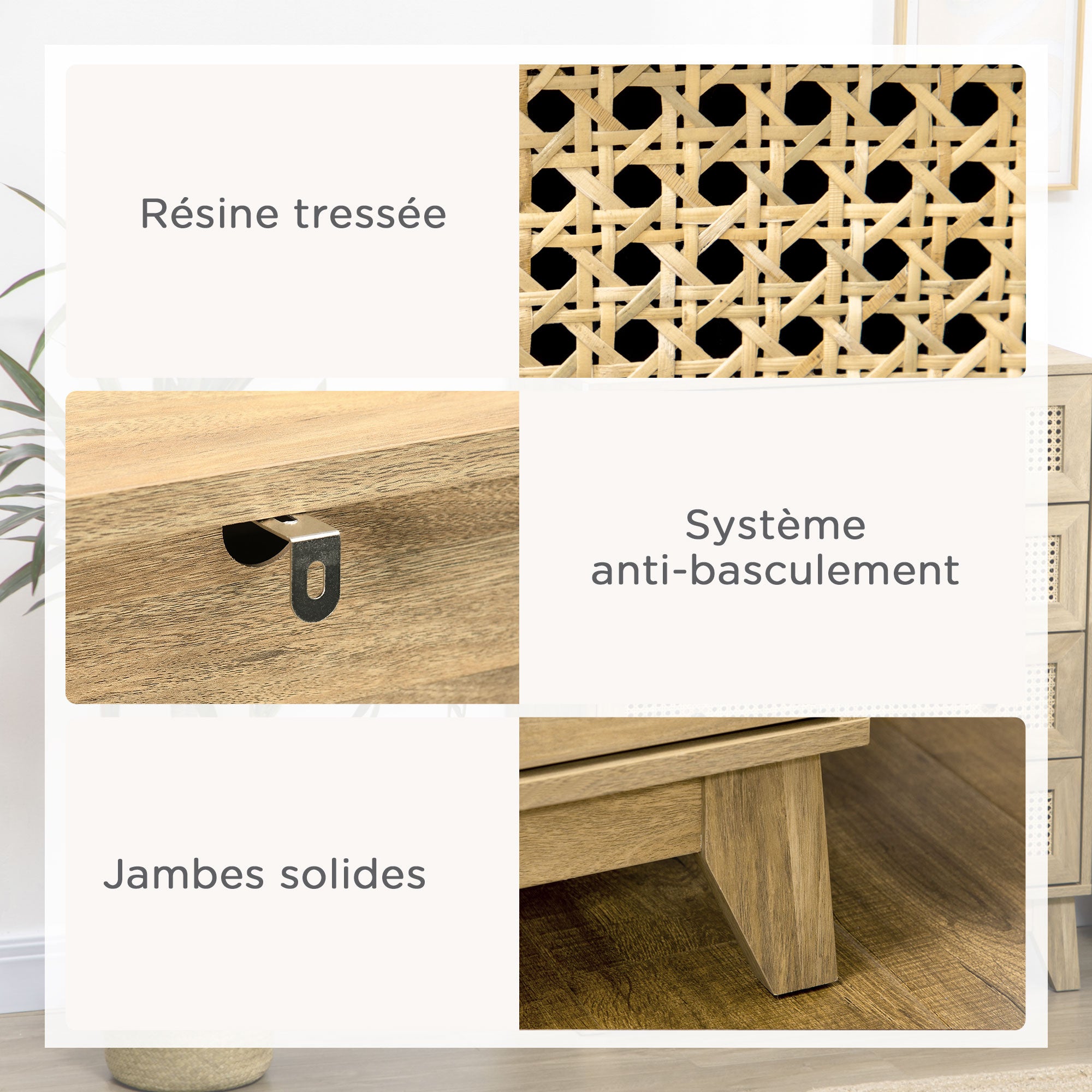 Commode 4 tiroirs meuble de rangement cannage en rotin 80 x 35 x 95 cm aspect bois clair
