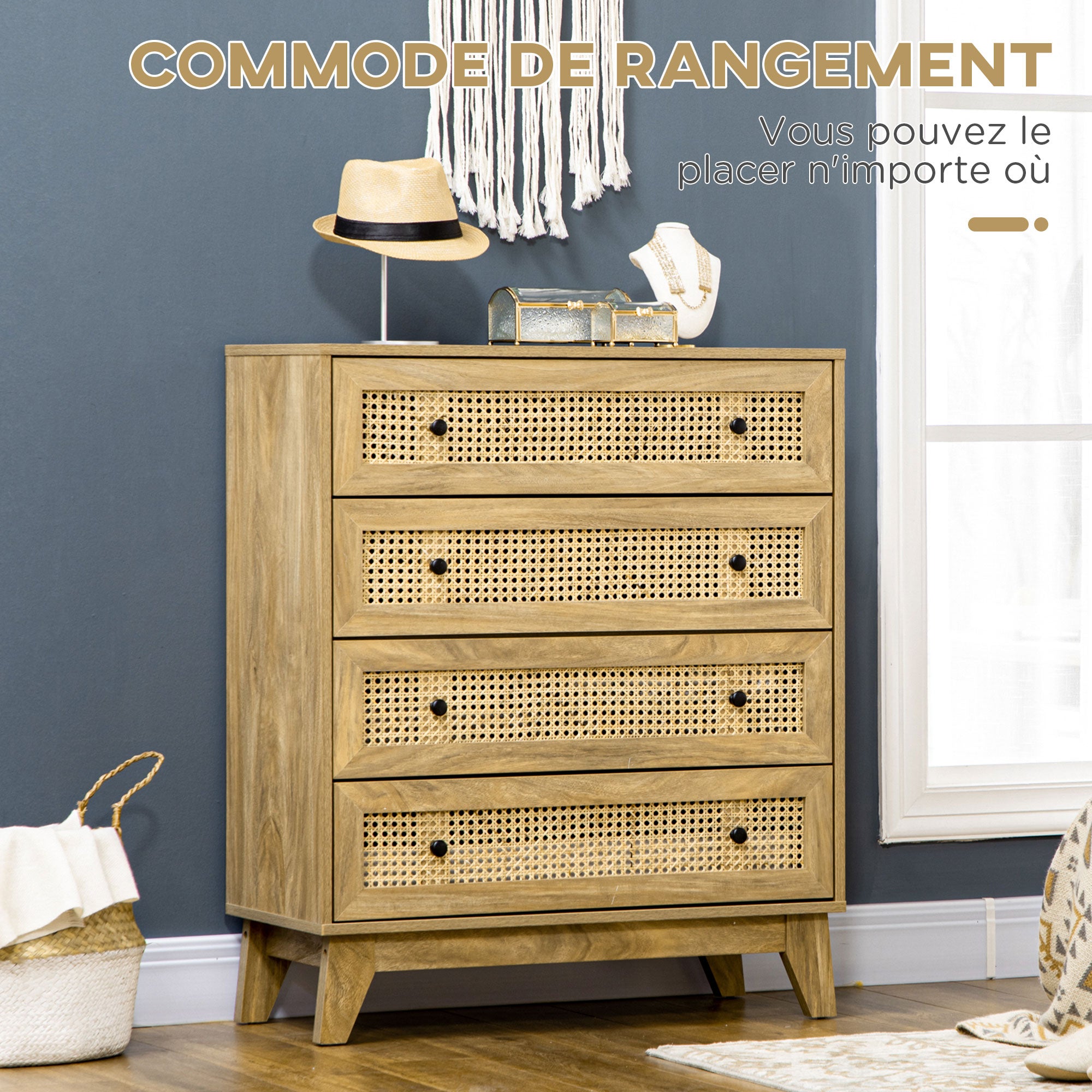 Commode 4 tiroirs meuble de rangement cannage en rotin 80 x 35 x 95 cm aspect bois clair