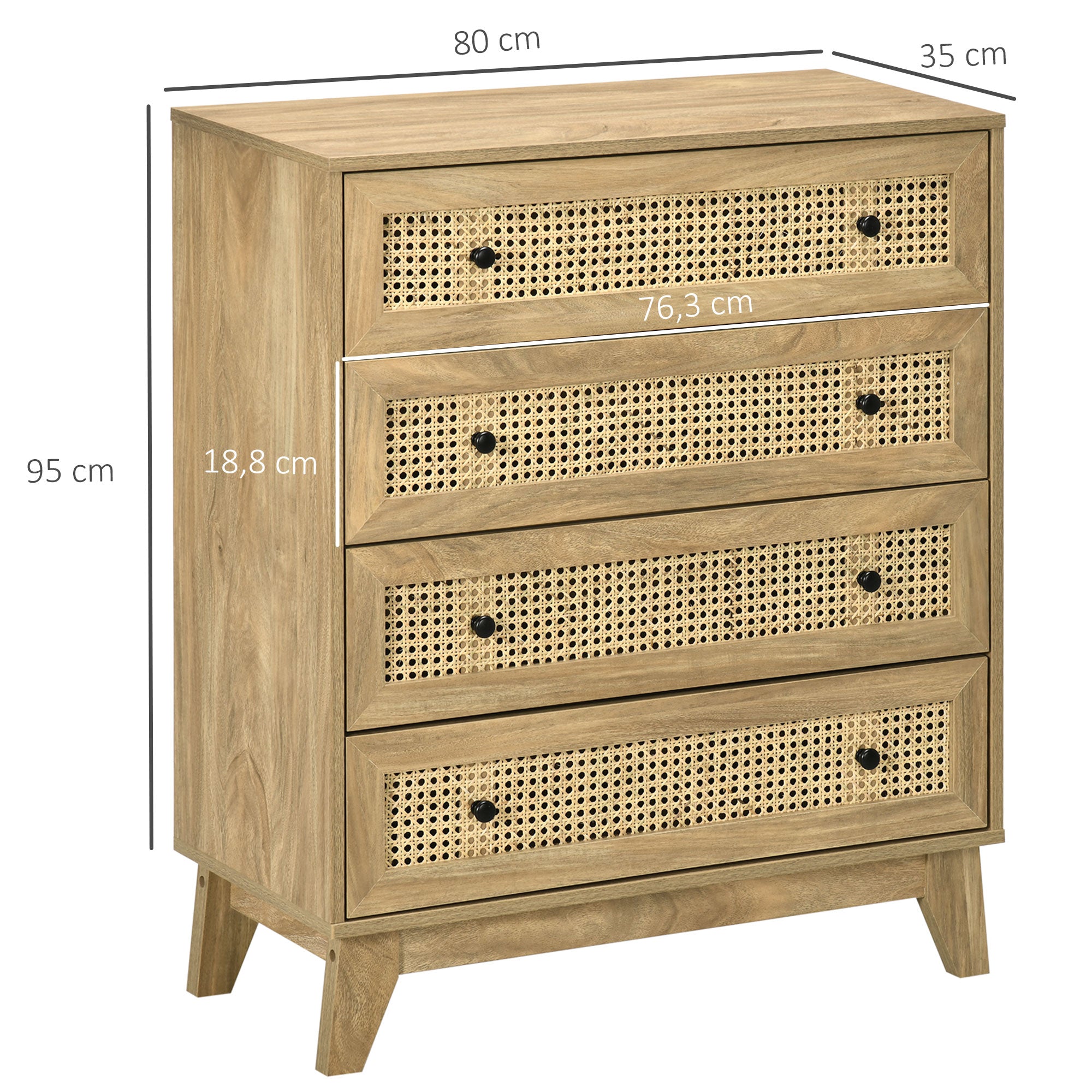 Commode 4 tiroirs meuble de rangement cannage en rotin 80 x 35 x 95 cm aspect bois clair