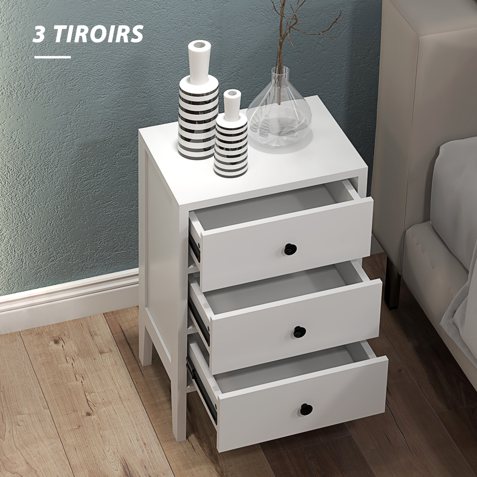 Lot de 2 tables de chevet, tables d'appoint, table de nuit avec 3 tiroirs pour chambre en bois dim. 40L x 30l x 64H cm blanc