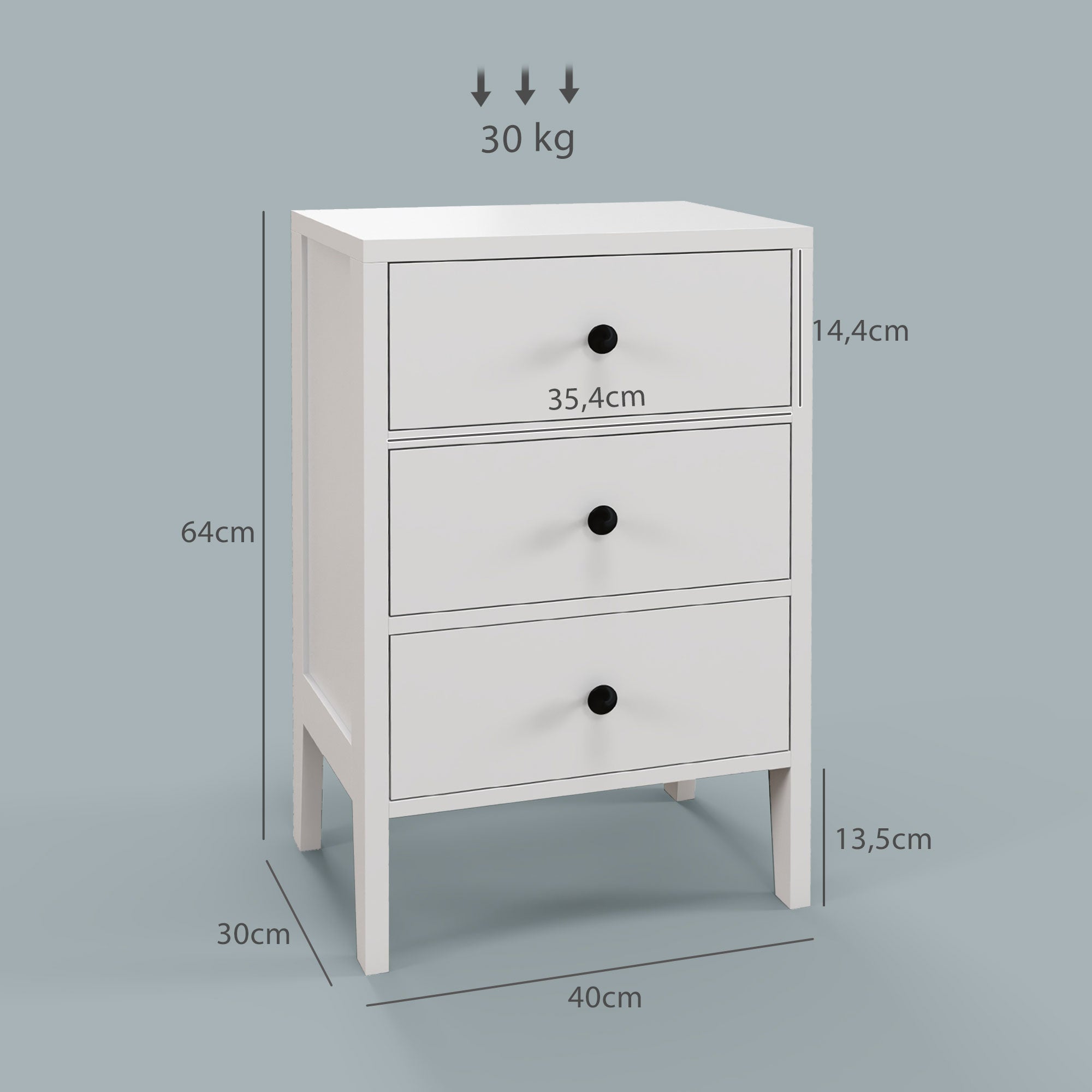 Lot de 2 tables de chevet, tables d'appoint, table de nuit avec 3 tiroirs pour chambre en bois dim. 40L x 30l x 64H cm blanc