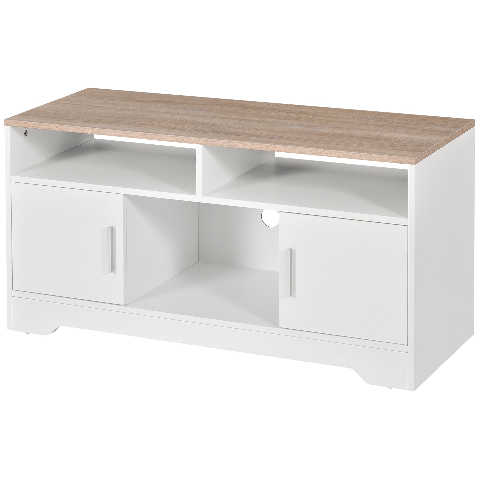 Meuble TV Banc TV en Bois Grand Espace de Rangement avec 2 Compartiments Ouverts 2 Armoires à Porte Une Armoire Ouverte 105 x 40 x 52 cm Blanc