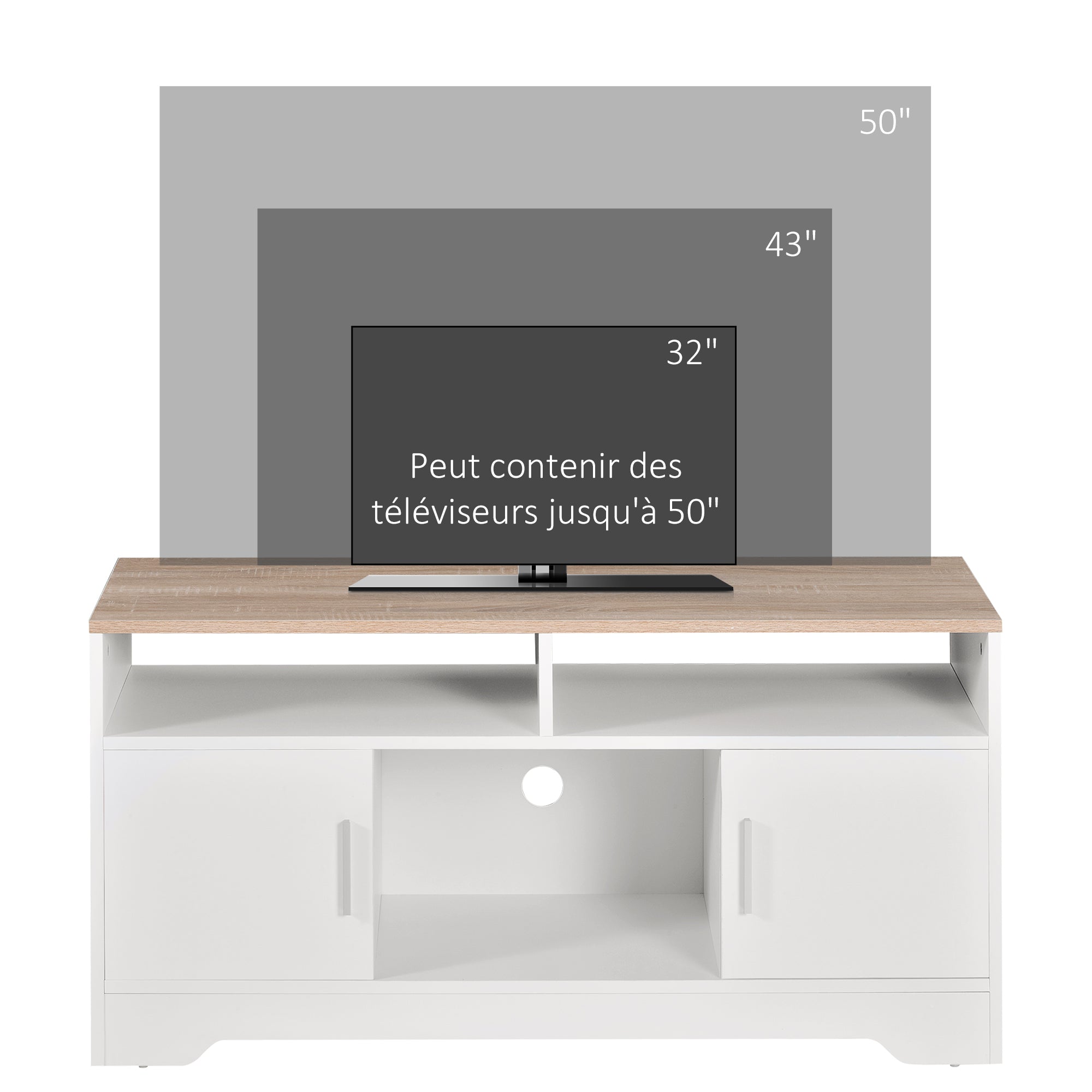 Meuble TV Banc TV en Bois Grand Espace de Rangement avec 2 Compartiments Ouverts 2 Armoires à Porte Une Armoire Ouverte 105 x 40 x 52 cm Blanc