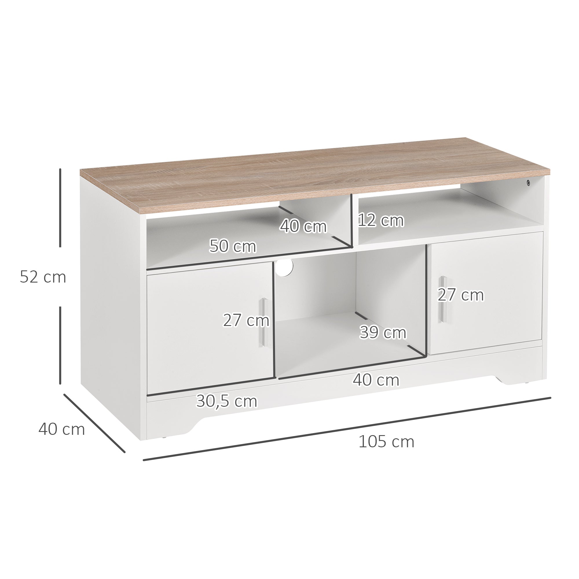 Meuble TV Banc TV en Bois Grand Espace de Rangement avec 2 Compartiments Ouverts 2 Armoires à Porte Une Armoire Ouverte 105 x 40 x 52 cm Blanc