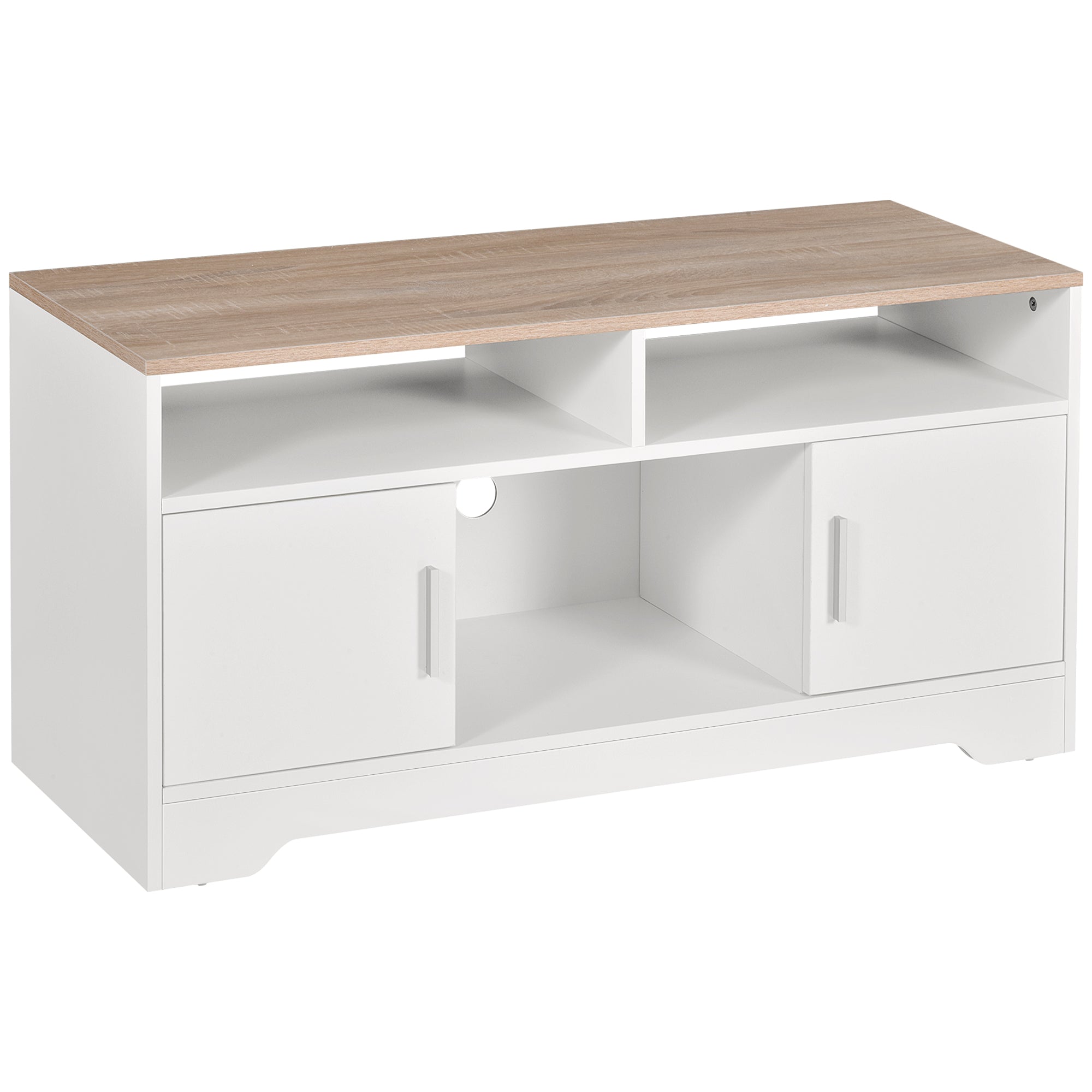 Meuble TV Banc TV en Bois Grand Espace de Rangement avec 2 Compartiments Ouverts 2 Armoires à Porte Une Armoire Ouverte 105 x 40 x 52 cm Blanc