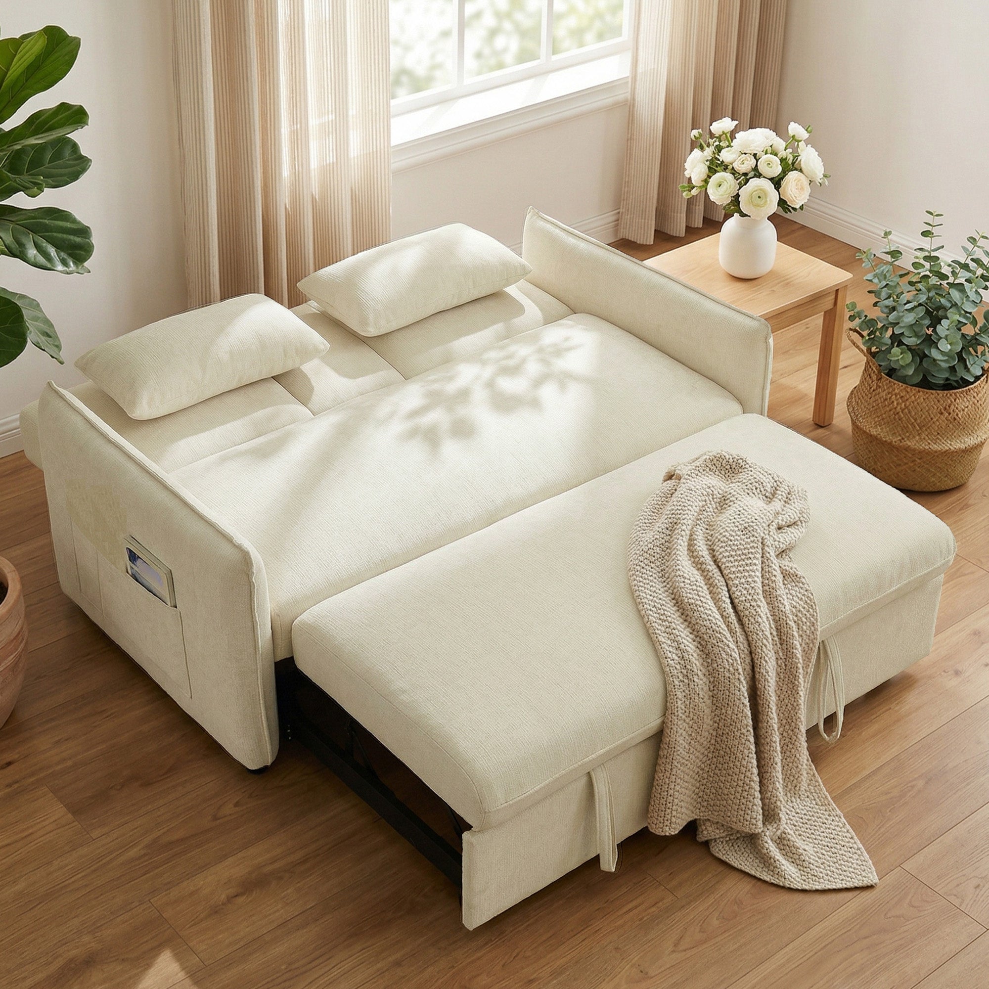 Canapé convertible 2 places 3 en 1, canapé-lit clic clac en chenille avec dossier réglable, porte-gobelets, poches latérales, 2 coussins, pour salon, chambre d'amis, petit espace, beige