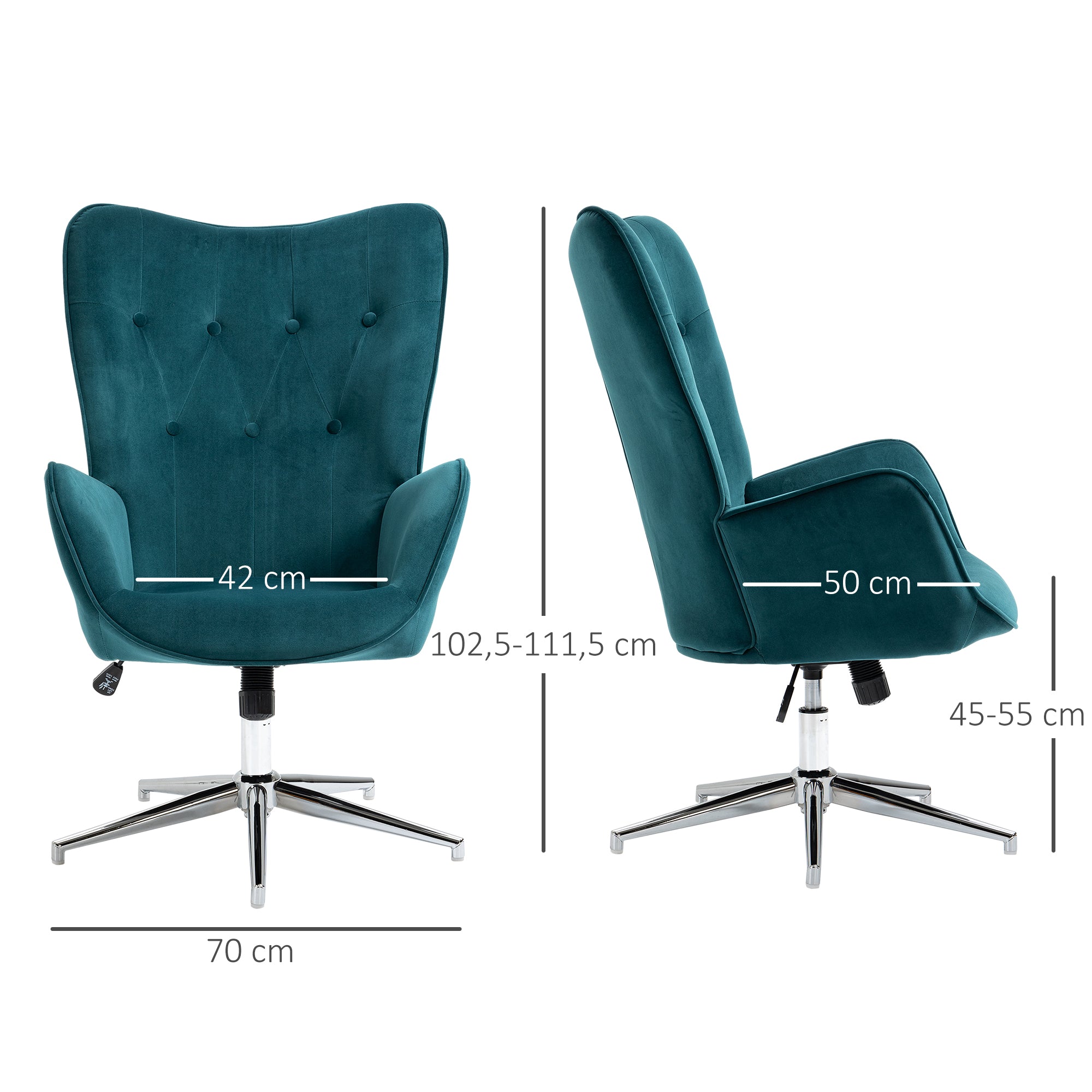 Fauteuil salon chaise relax fauteuil pivotant, hauteur réglable, dossier capitonné, assise et accoudoirs rembourrés, tissu aspect velours, pour chambre salon salle à manger, bleu