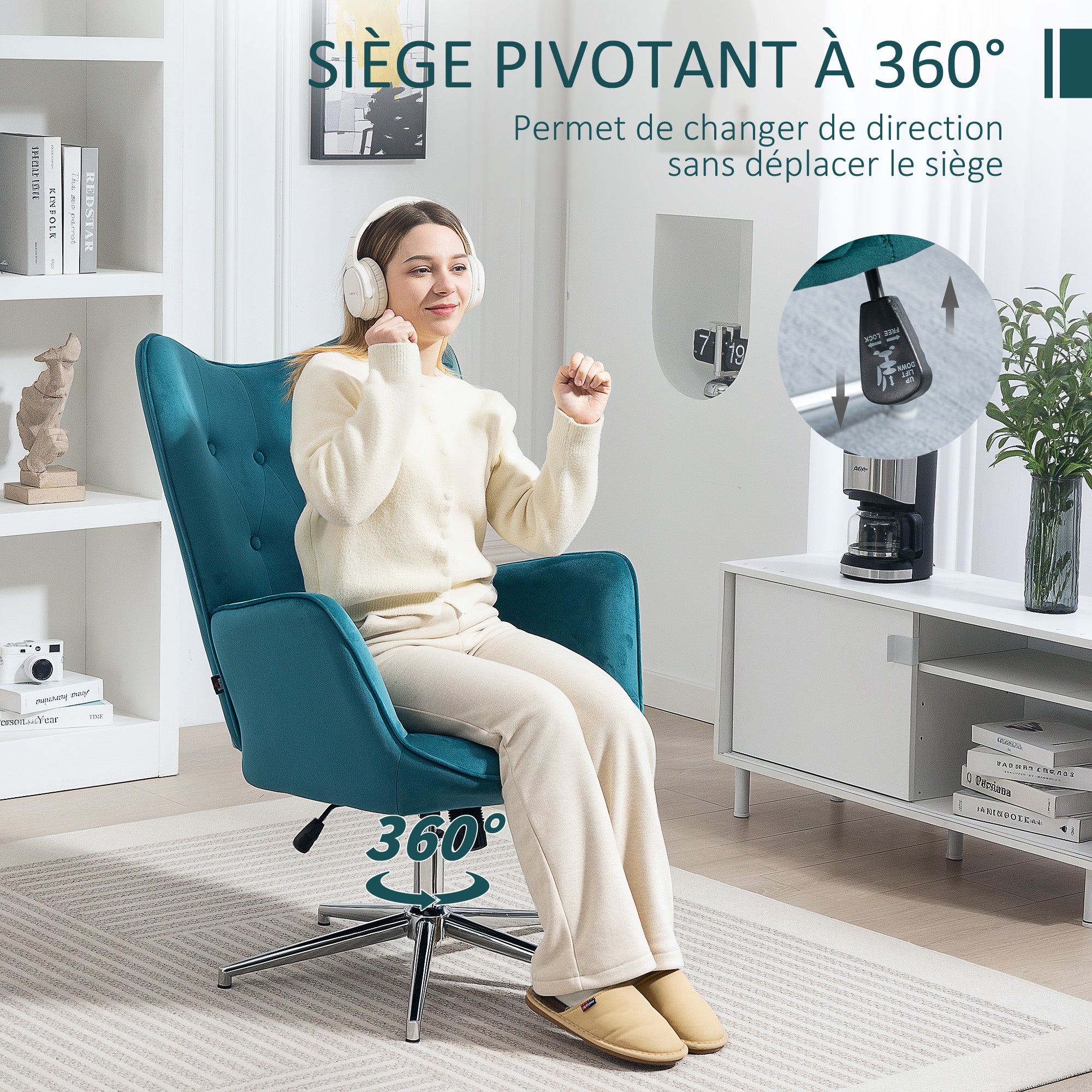 Fauteuil salon chaise relax fauteuil pivotant, hauteur réglable, dossier capitonné, assise et accoudoirs rembourrés, tissu aspect velours, pour chambre salon salle à manger, bleu