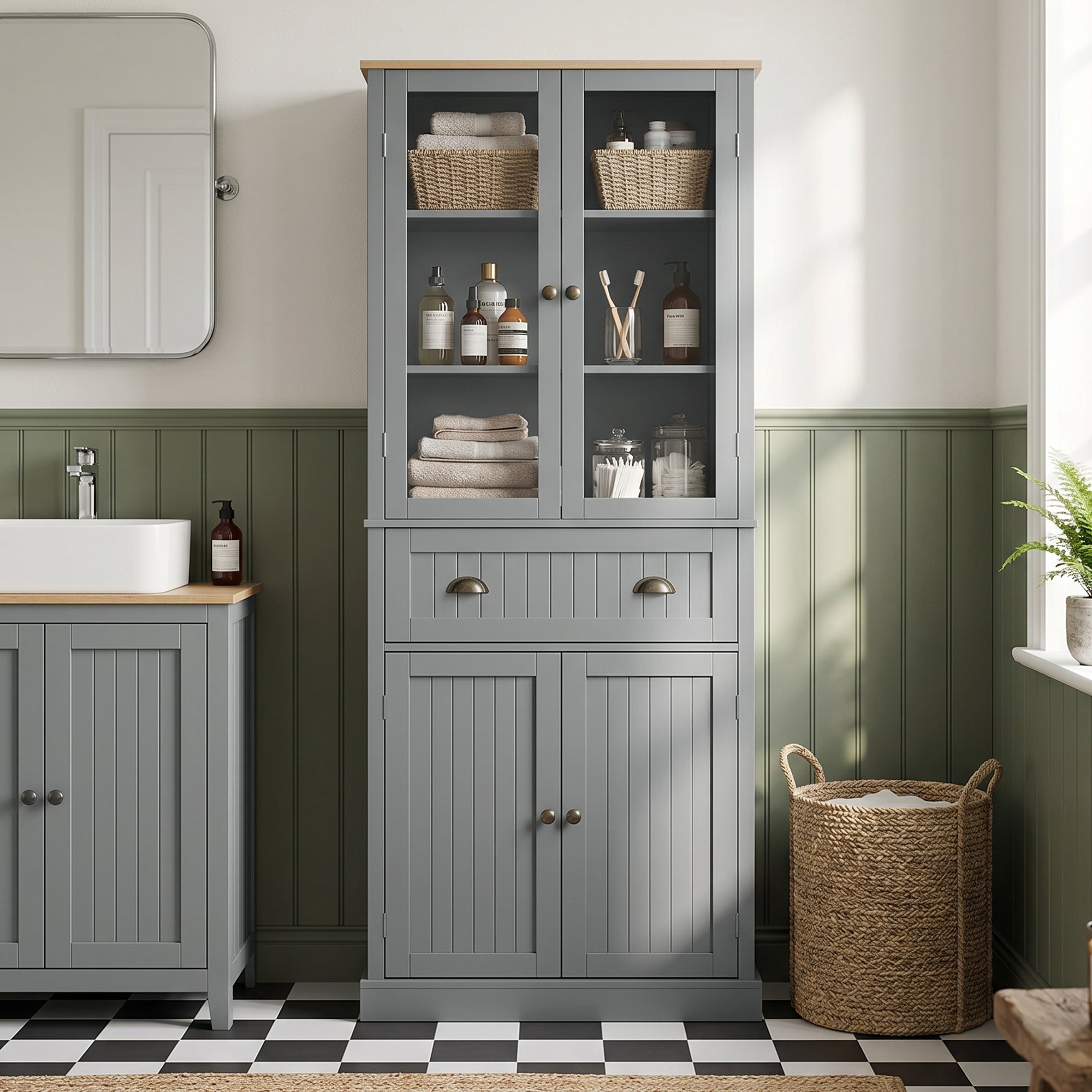 Buffet meuble cuisine rangement armoire de cuisine 4 portes dont 2 portes vitrées et 1 tiroir hauteur 182,5 cm avec étagères réglables - gris