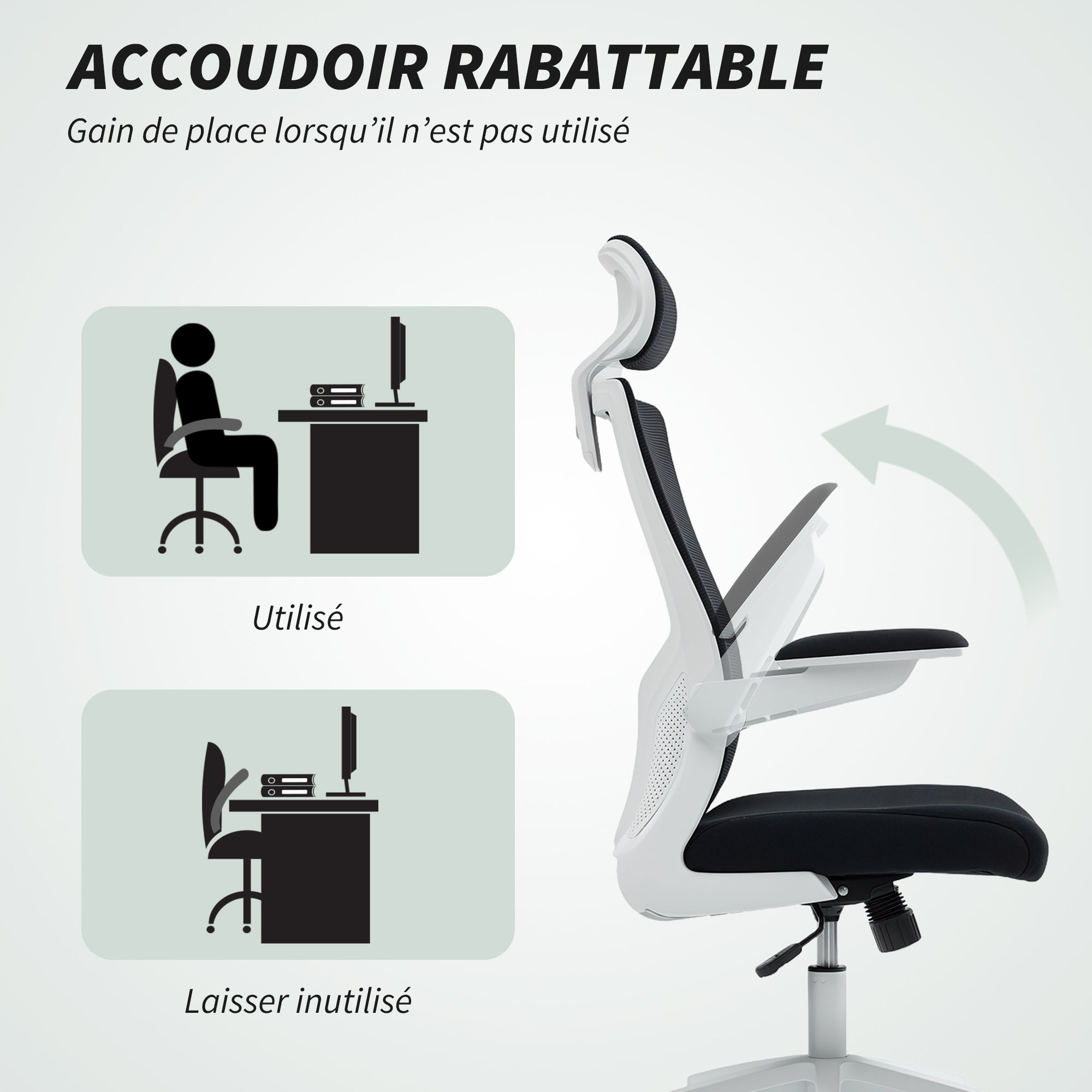 Chaise bureau ergonomique, fauteuil de bureau avec hauteur réglable, soutien lombaire, appui-tête, accoudoirs relevables, fonction bascule, pivotant à 360° et roulettes, noir
