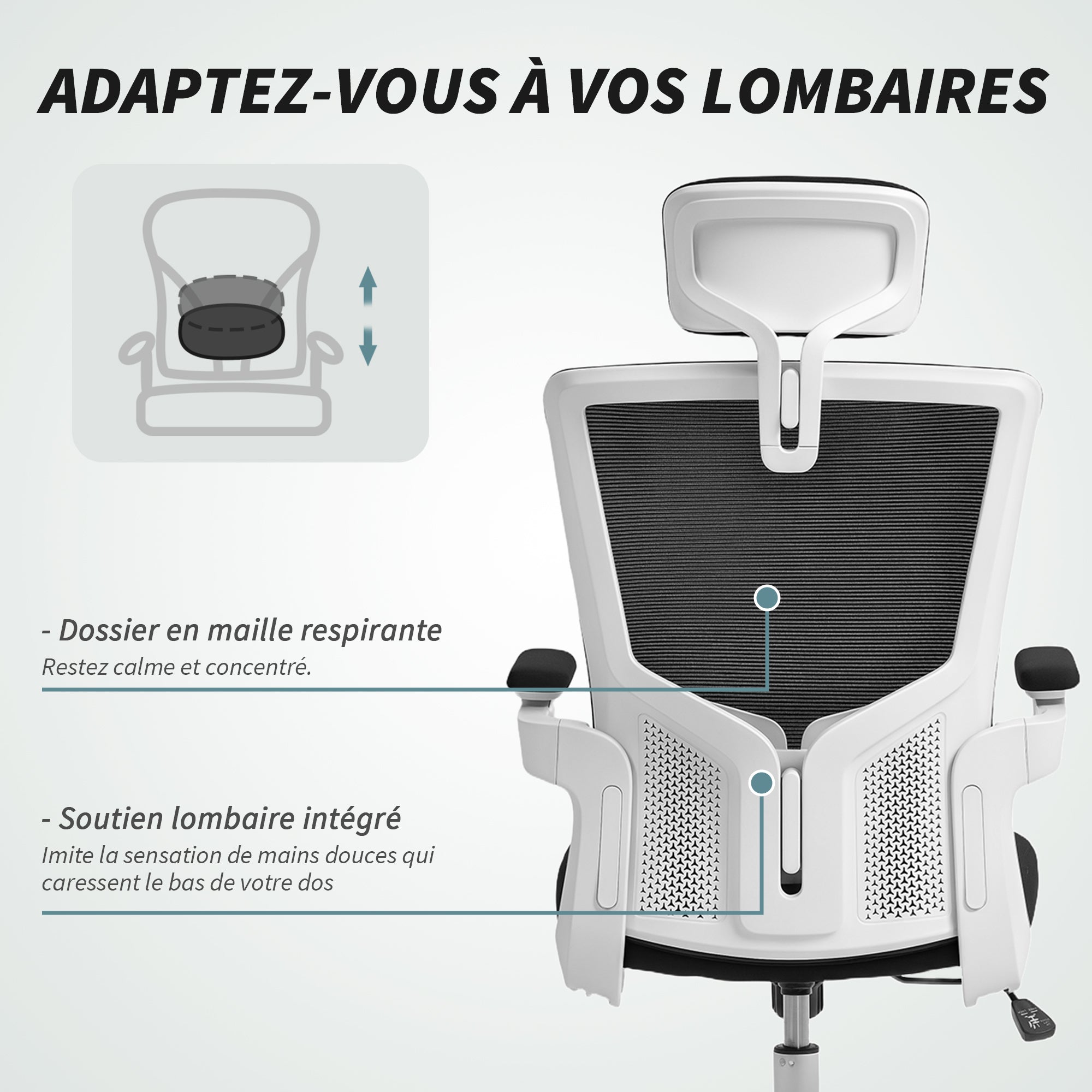 Chaise bureau ergonomique, fauteuil de bureau avec hauteur réglable, soutien lombaire, appui-tête, accoudoirs relevables, fonction bascule, pivotant à 360° et roulettes, noir