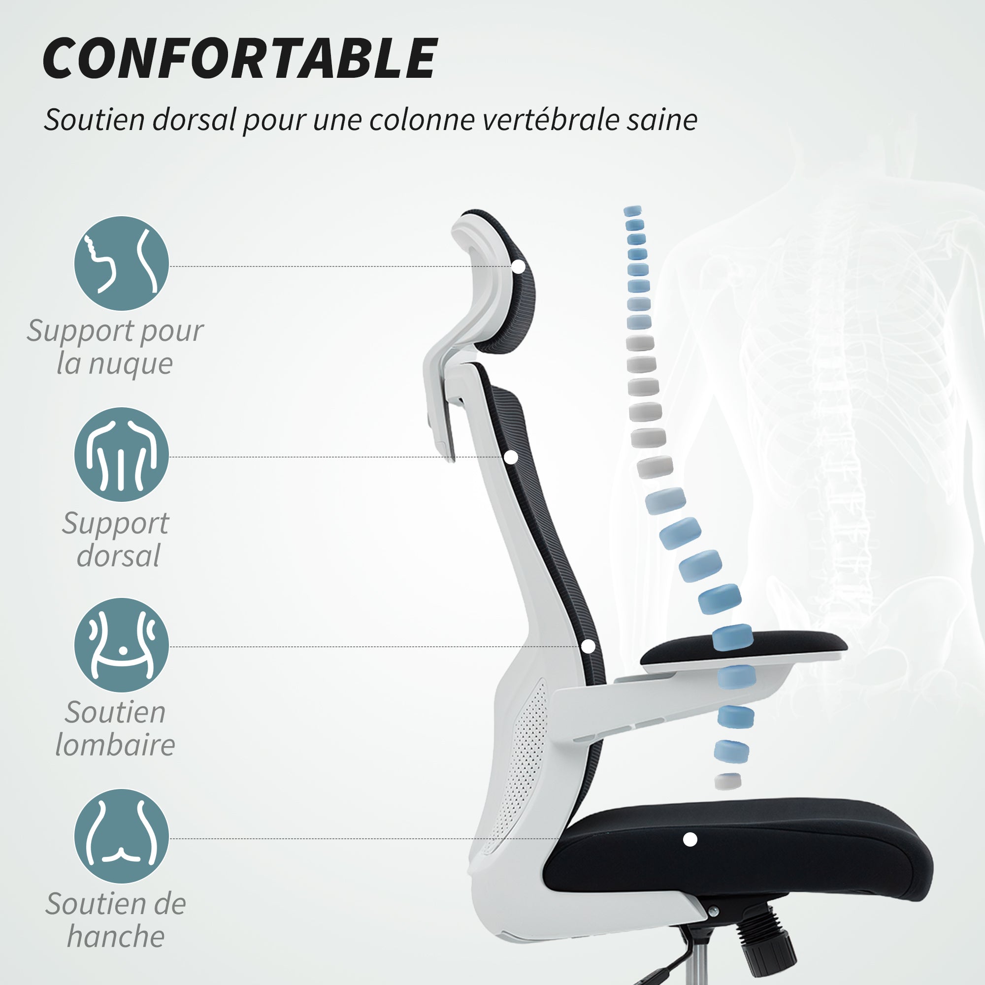 Chaise bureau ergonomique, fauteuil de bureau avec hauteur réglable, soutien lombaire, appui-tête, accoudoirs relevables, fonction bascule, pivotant à 360° et roulettes, noir