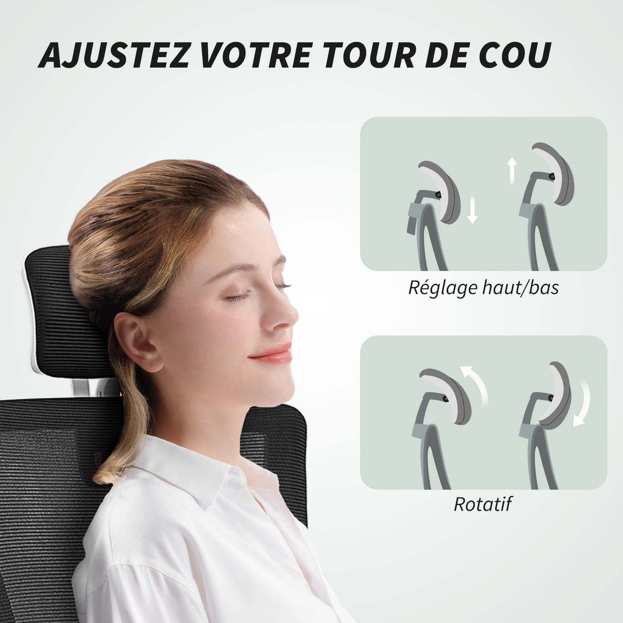 Chaise bureau ergonomique, fauteuil de bureau avec hauteur réglable, soutien lombaire, appui-tête, accoudoirs relevables, fonction bascule, pivotant à 360° et roulettes, noir