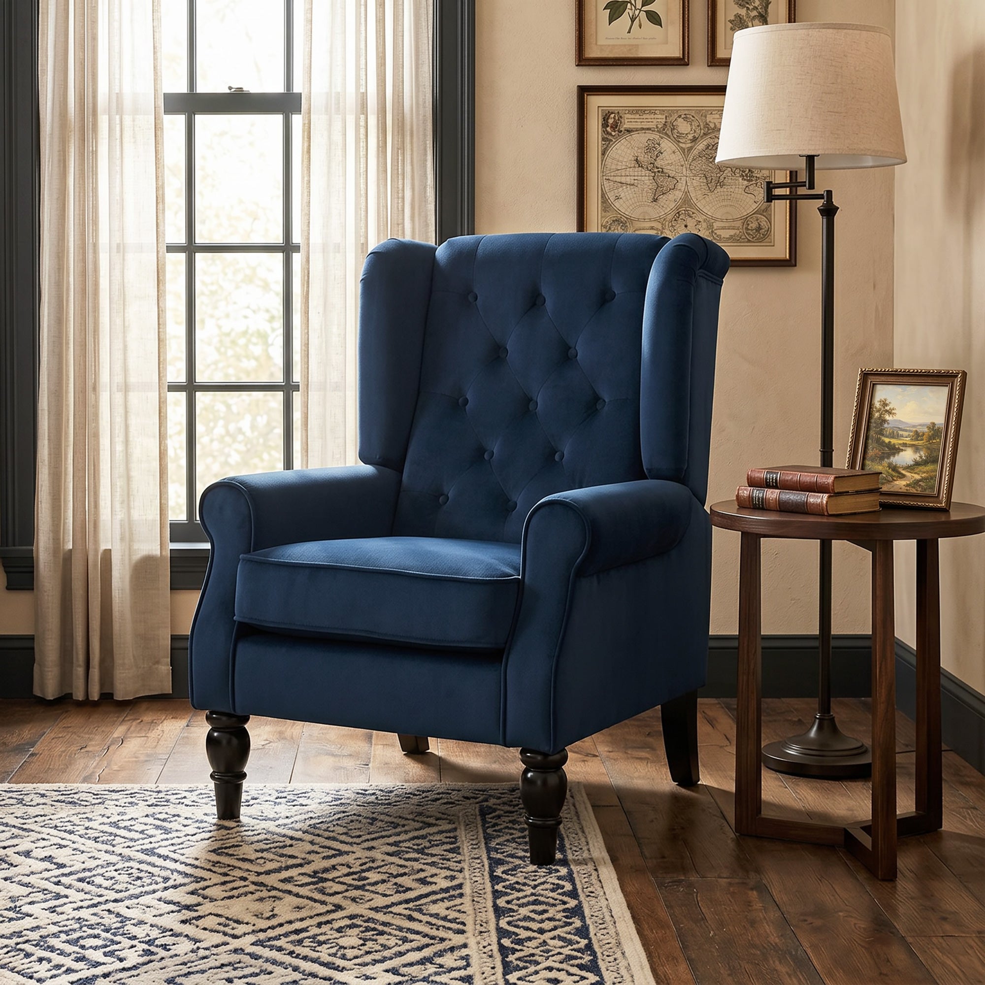 Fauteuil de Salon, Fauteuil Capitonné avec Pieds en Bois, Assise Large, Grand Confort, Style Classique, 74 x 86 x 102 cm, bleu foncé