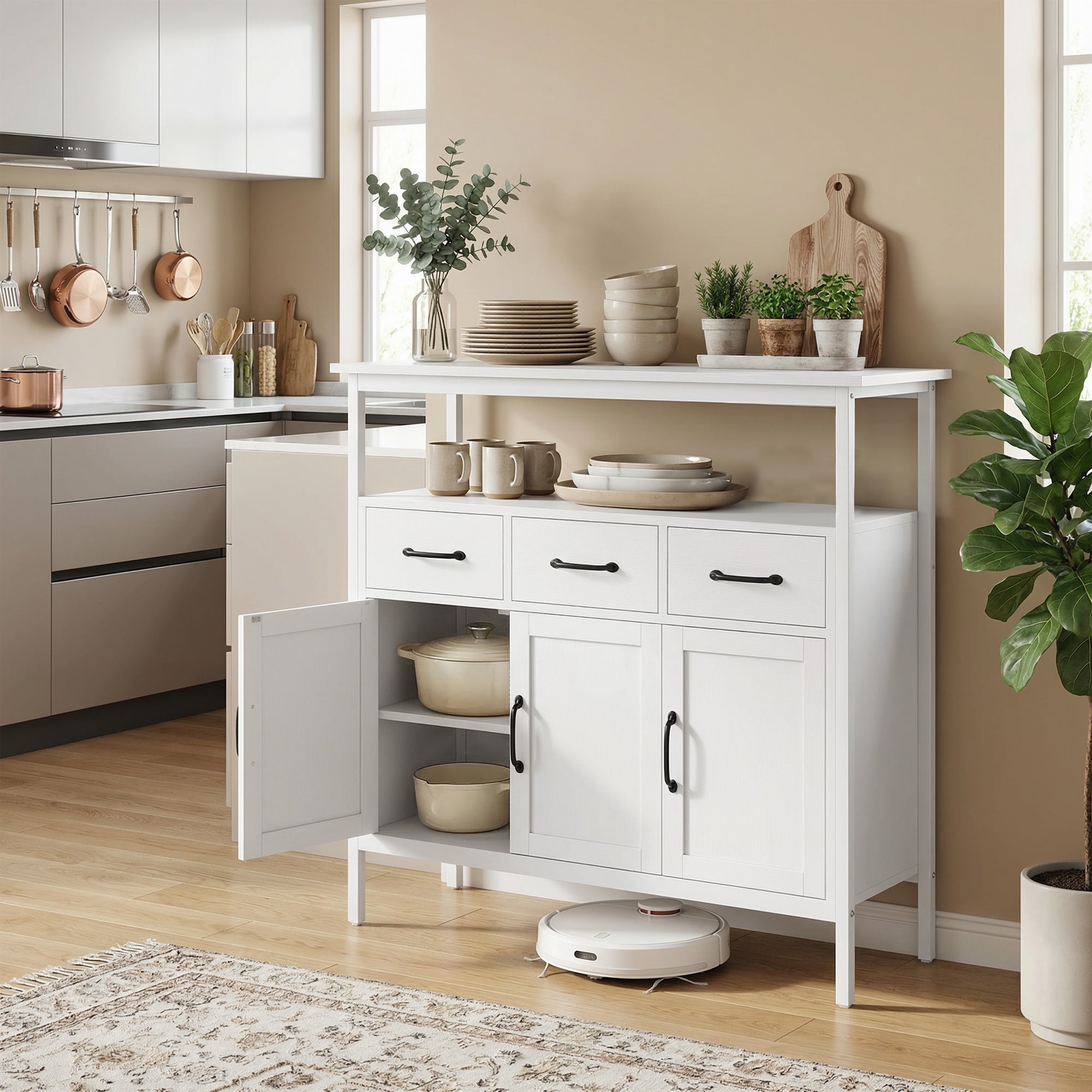Buffet Cuisine, Meuble de Rangement avec 3 Portes, 3 Tiroirs, Compartiment Ouvert et Étagères Réglables, Style Moderne, pour Salon et Chambre, 95 x 35 x 88 cm, Blanc