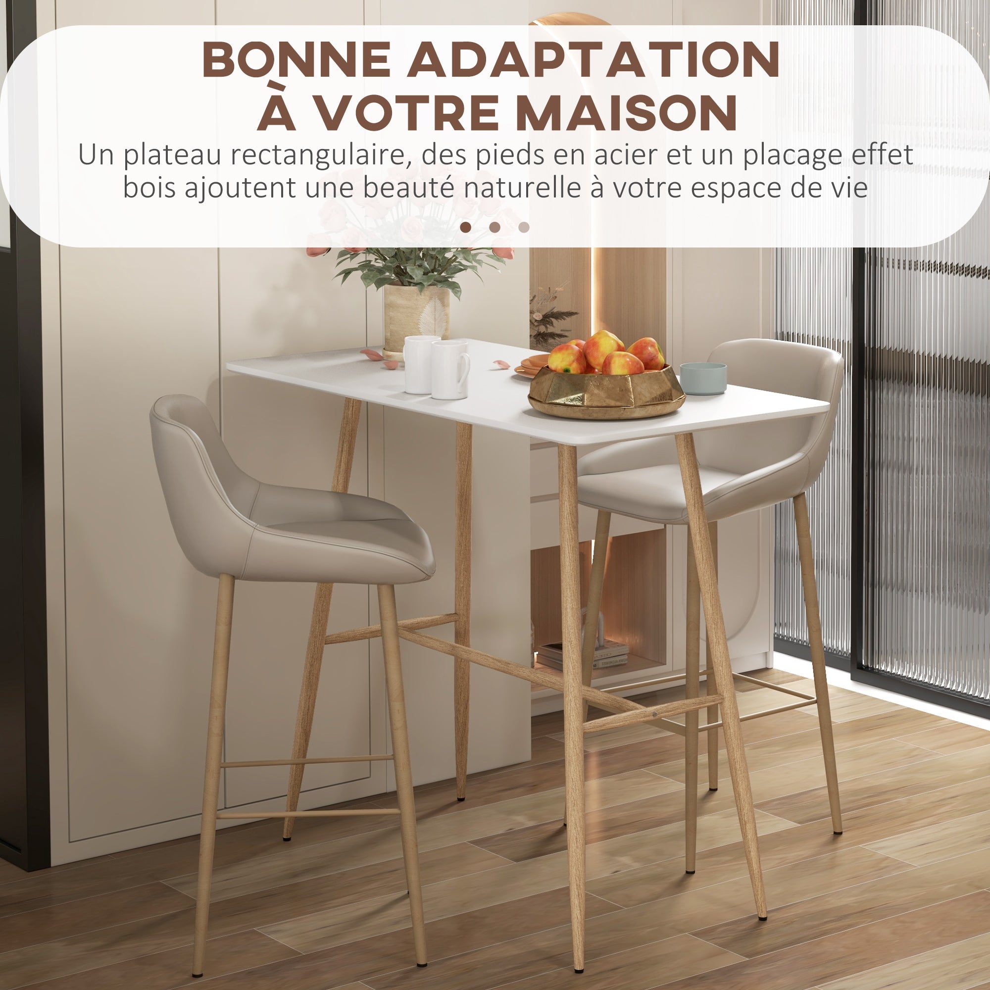 Table de bar rectangulaire 4 personnes, table haute pieds en acier effet bois, table de bistrot assemblage facile, pour bar à domicile, salle à manger, 120 x 60 x 98 cm, blanc