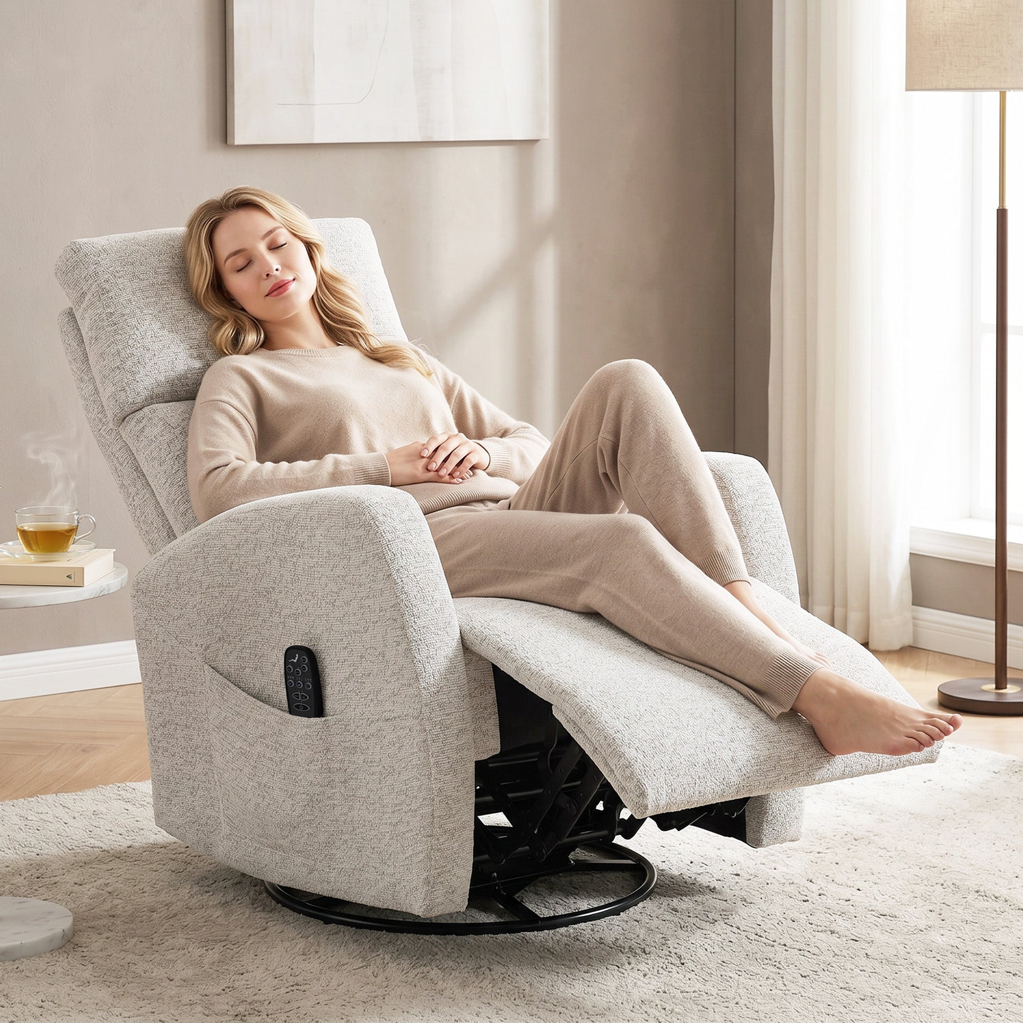 Fauteuil inclinable de massage et chauffage, fauteuil de relaxation en chenille, dossier réglable, pivotant 360°, poches latérales, télécommande, charge 150 kg, pour salon, chambre, crème