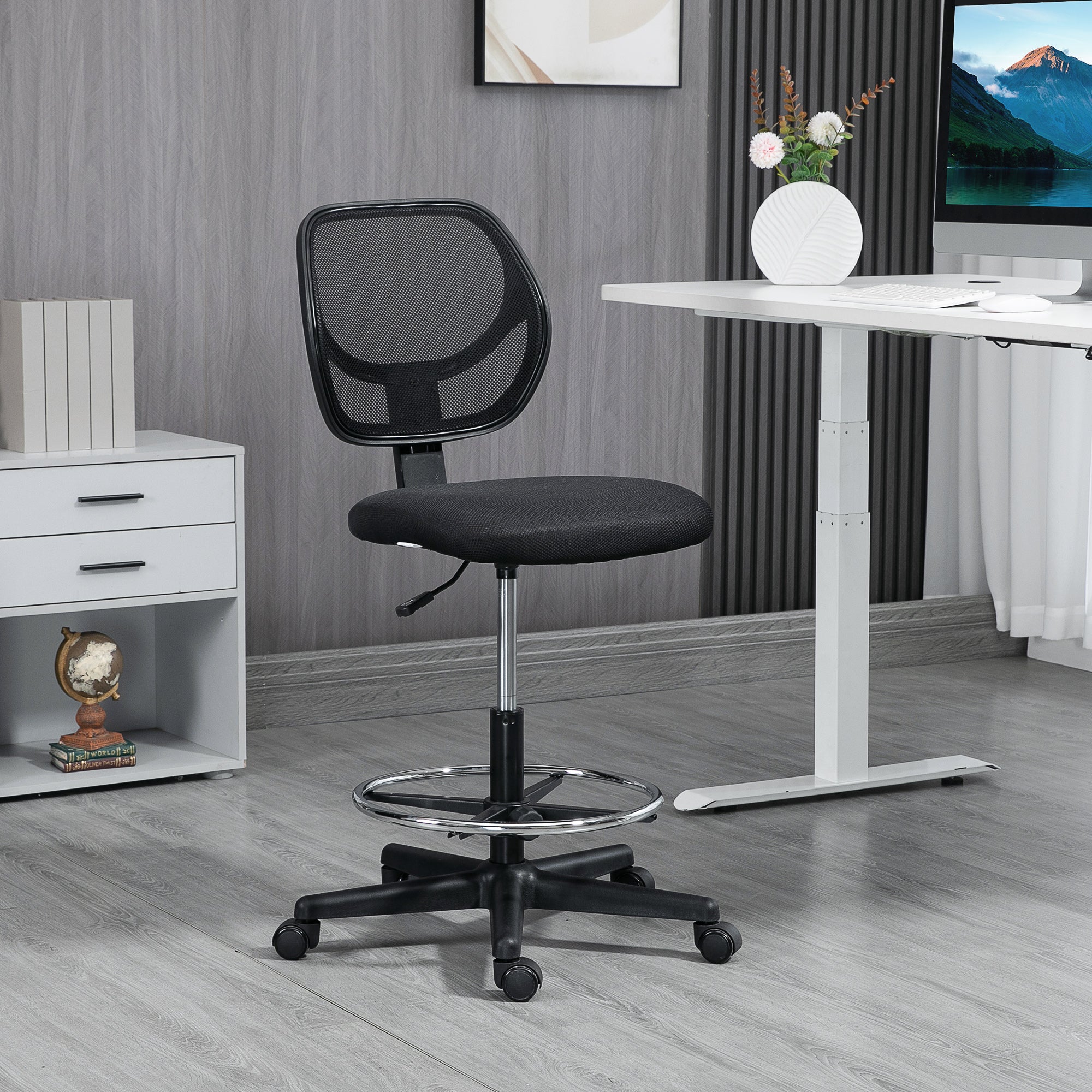 Chaise de bureau assise haute fauteuil de bureau en maille assise ergonomique hauteur réglable 50-70 cm avec repose-pied pivotant 360° noir