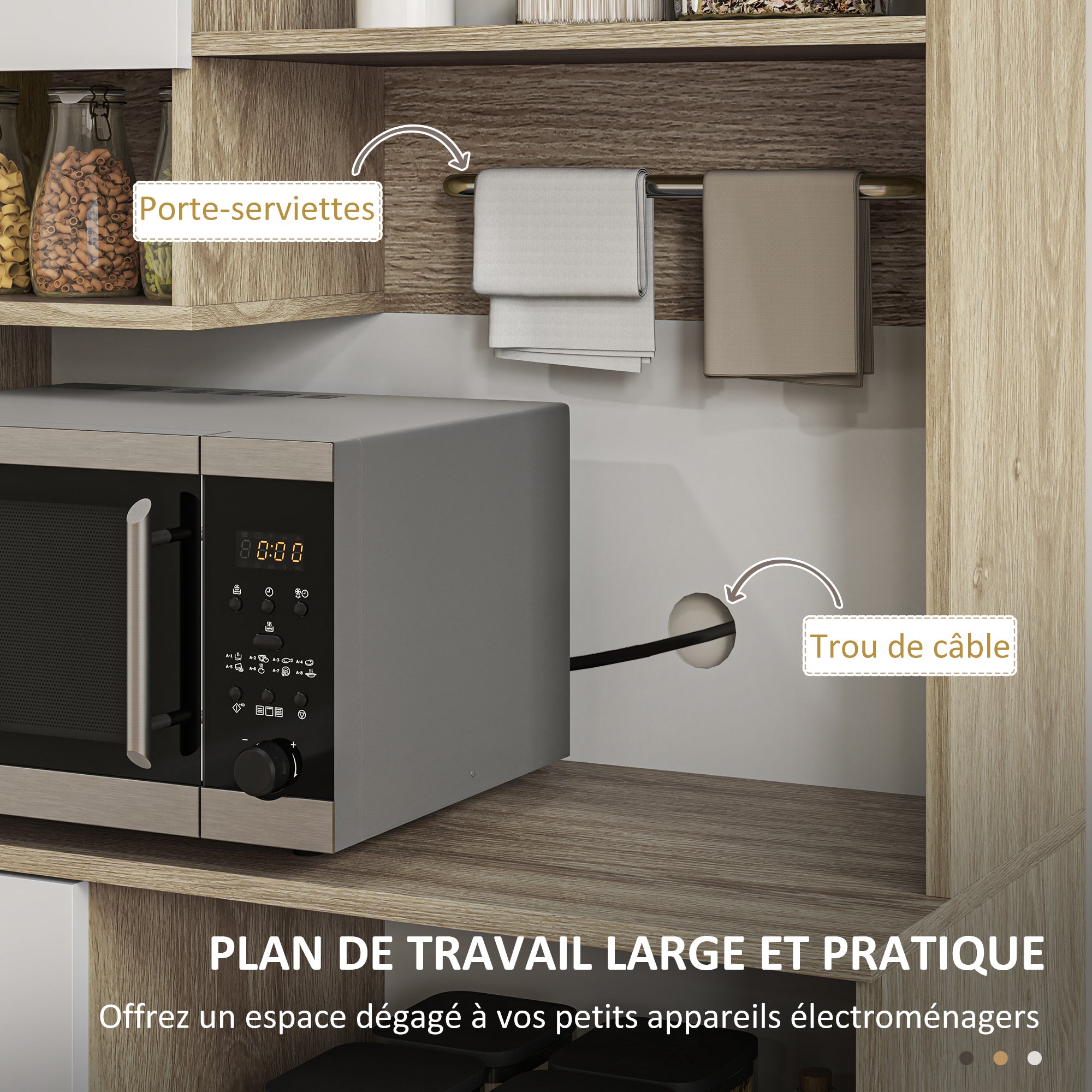 Armoire de cuisine buffet cuisine vaisselier meuble de rangement style moderne avec étagères réglables, tiroir, comptoir, passe-câble, pour salle à manger, salon, 80 x 35 x 180 cm, aspect bois