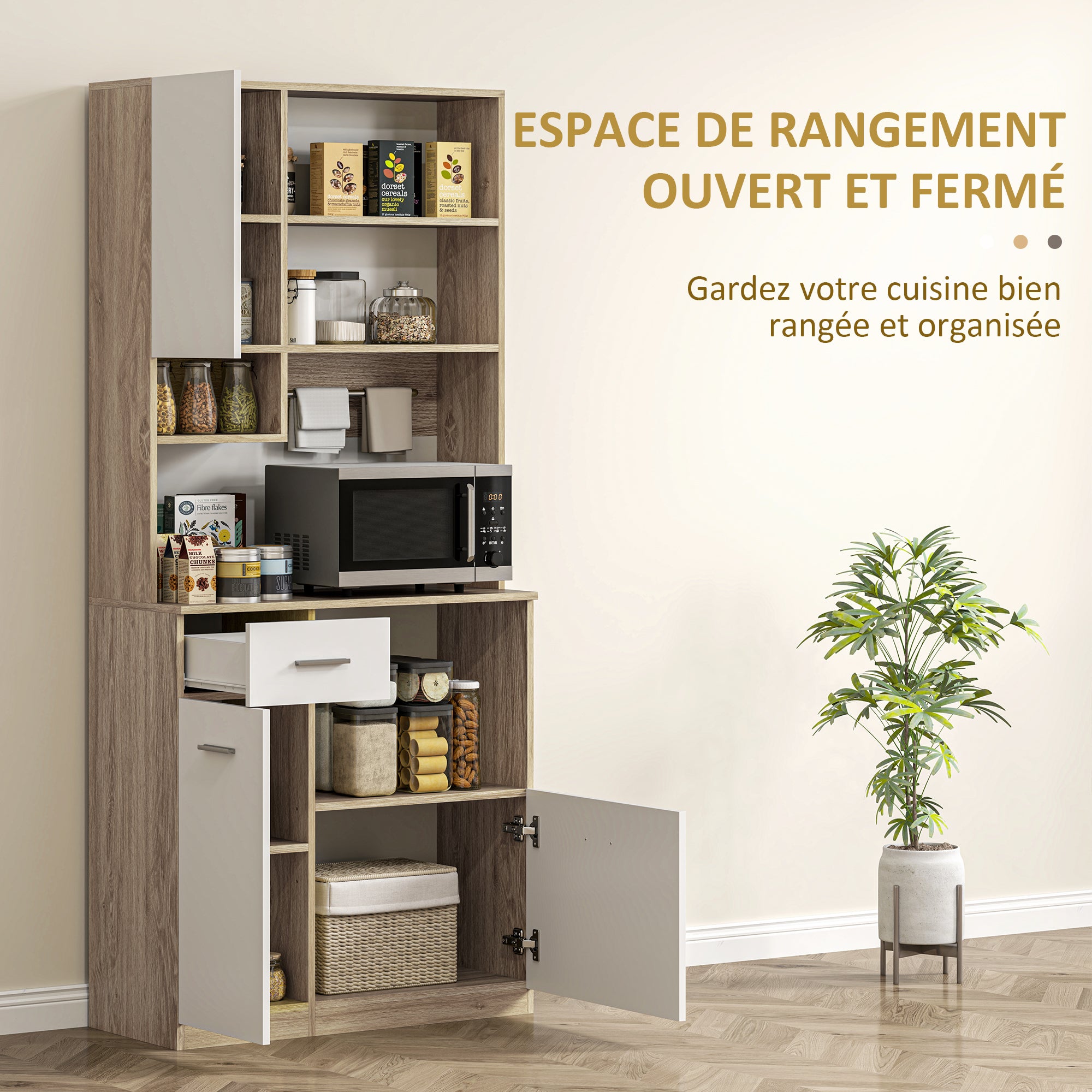 Armoire de cuisine buffet cuisine vaisselier meuble de rangement style moderne avec étagères réglables, tiroir, comptoir, passe-câble, pour salle à manger, salon, 80 x 35 x 180 cm, aspect bois