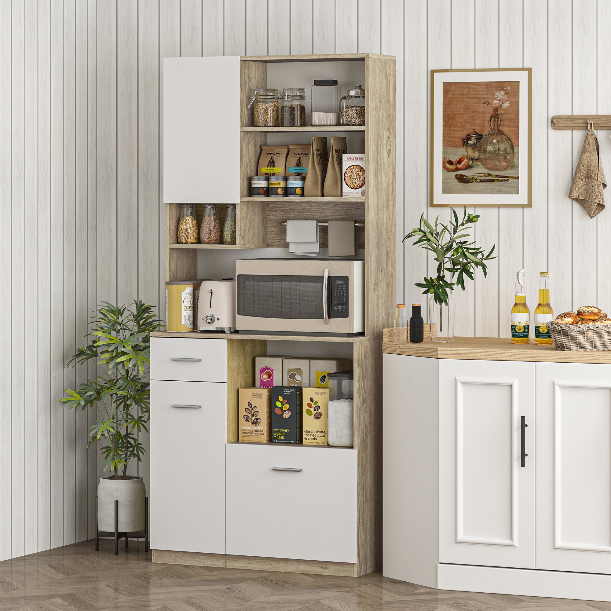 Armoire de cuisine buffet cuisine vaisselier meuble de rangement style moderne avec étagères réglables, tiroir, comptoir, passe-câble, pour salle à manger, salon, 80 x 35 x 180 cm, aspect bois
