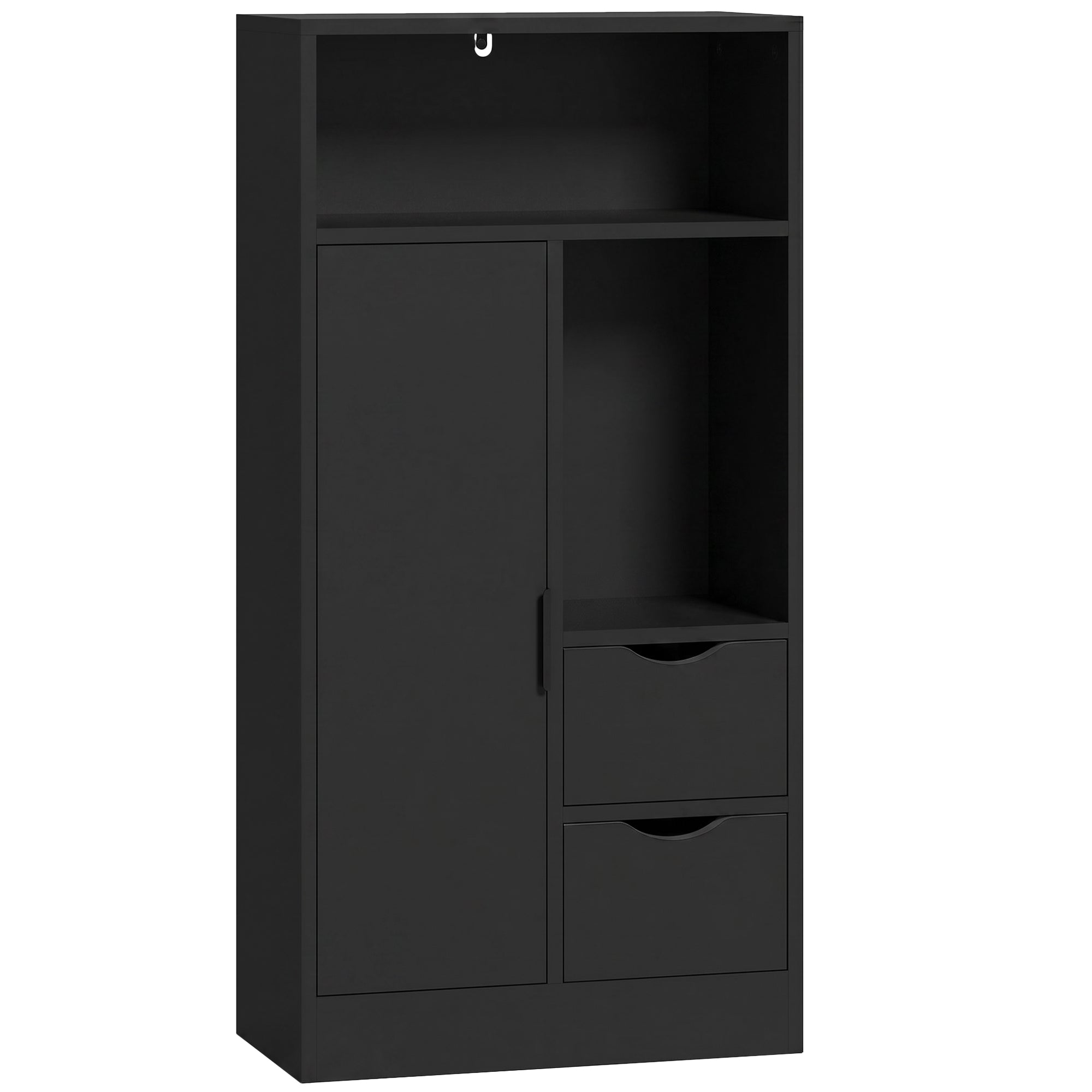 Meuble de salle de bain, meuble de rangement étroit avec 2 tiroirs, 1 porte, 2 compartiments ouverts et étagère réglable, armoire salle de bain, salon, chambre, 50 x 25 x 100 cm, noir
