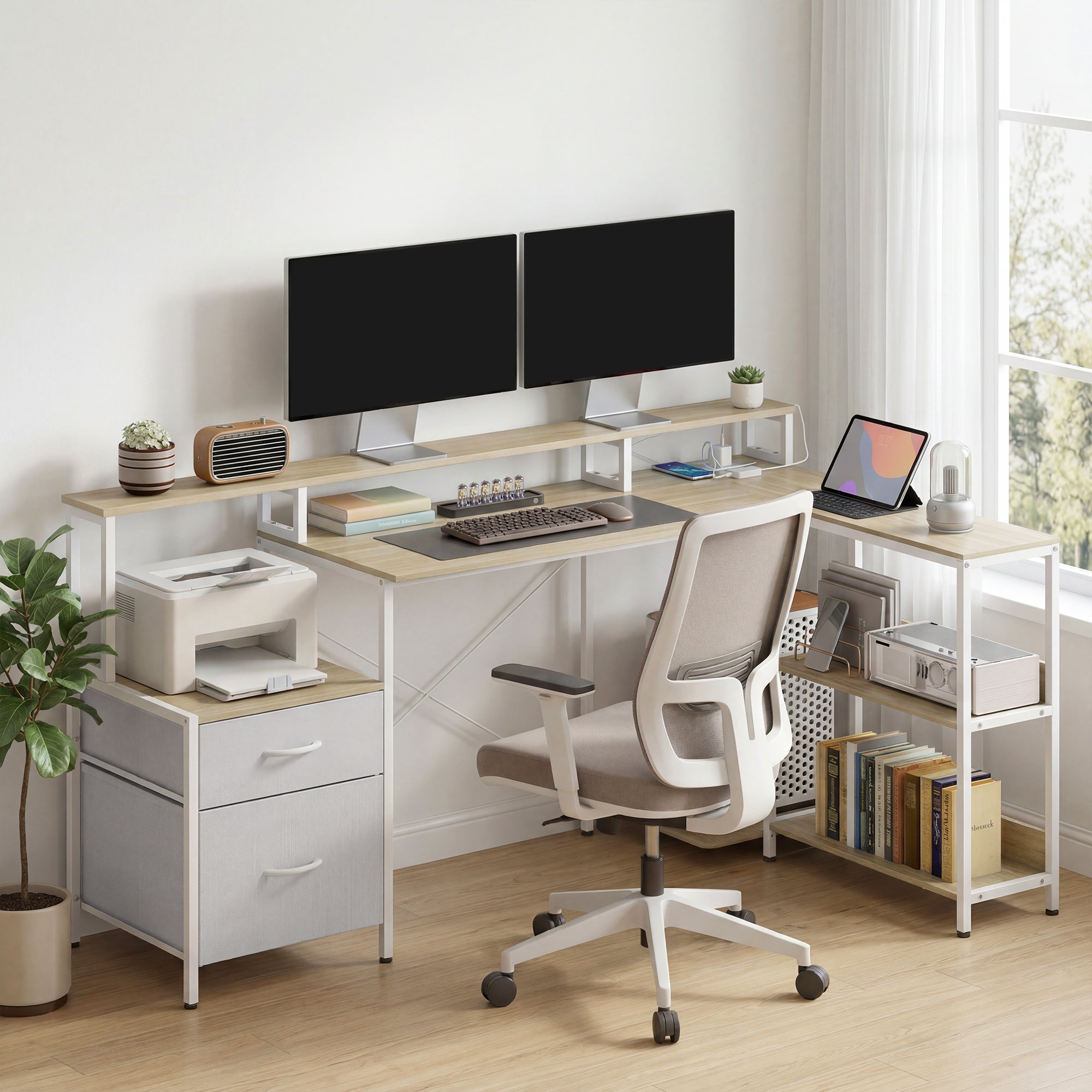 Bureau d'Angle avec Prises et Lumières LED RGB, Bureau d'Ordinateur, 172x100cm, Support d'Écran, 2 Tiroirs en Tissu, Support Imprimante, Table Informatique pour Chambre ou Coin Travail, Blanc