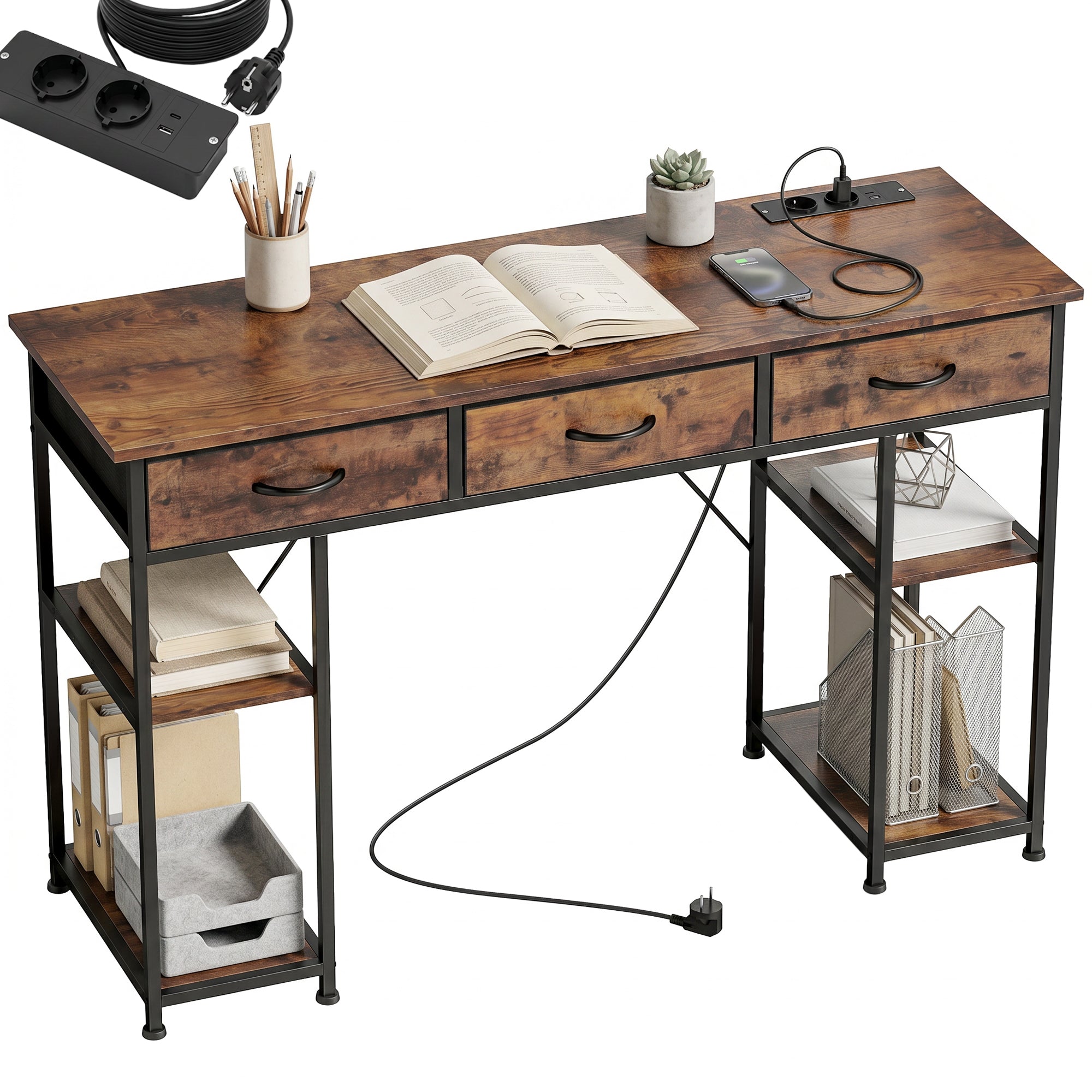 Bureau d'ordinateur avec 2 prises de charge USB et 2 prises de courant, bureau avec rangement 120 x 40 cm, étagères réglables et 3 tiroirs en tissu, poste de travail, cadre en acier, marron