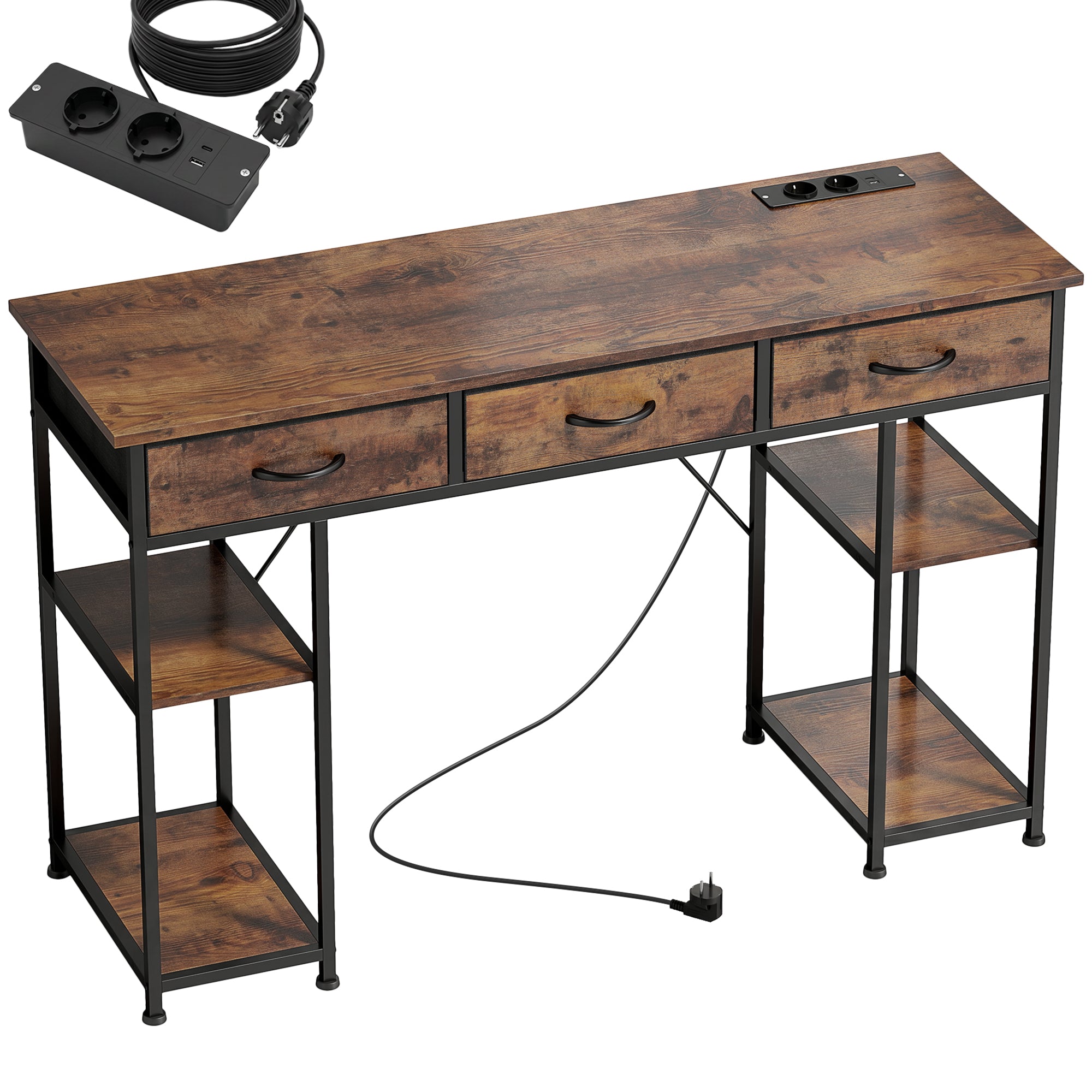 Bureau d'ordinateur avec 2 prises de charge USB et 2 prises de courant, bureau avec rangement 120 x 40 cm, étagères réglables et 3 tiroirs en tissu, poste de travail, cadre en acier, marron