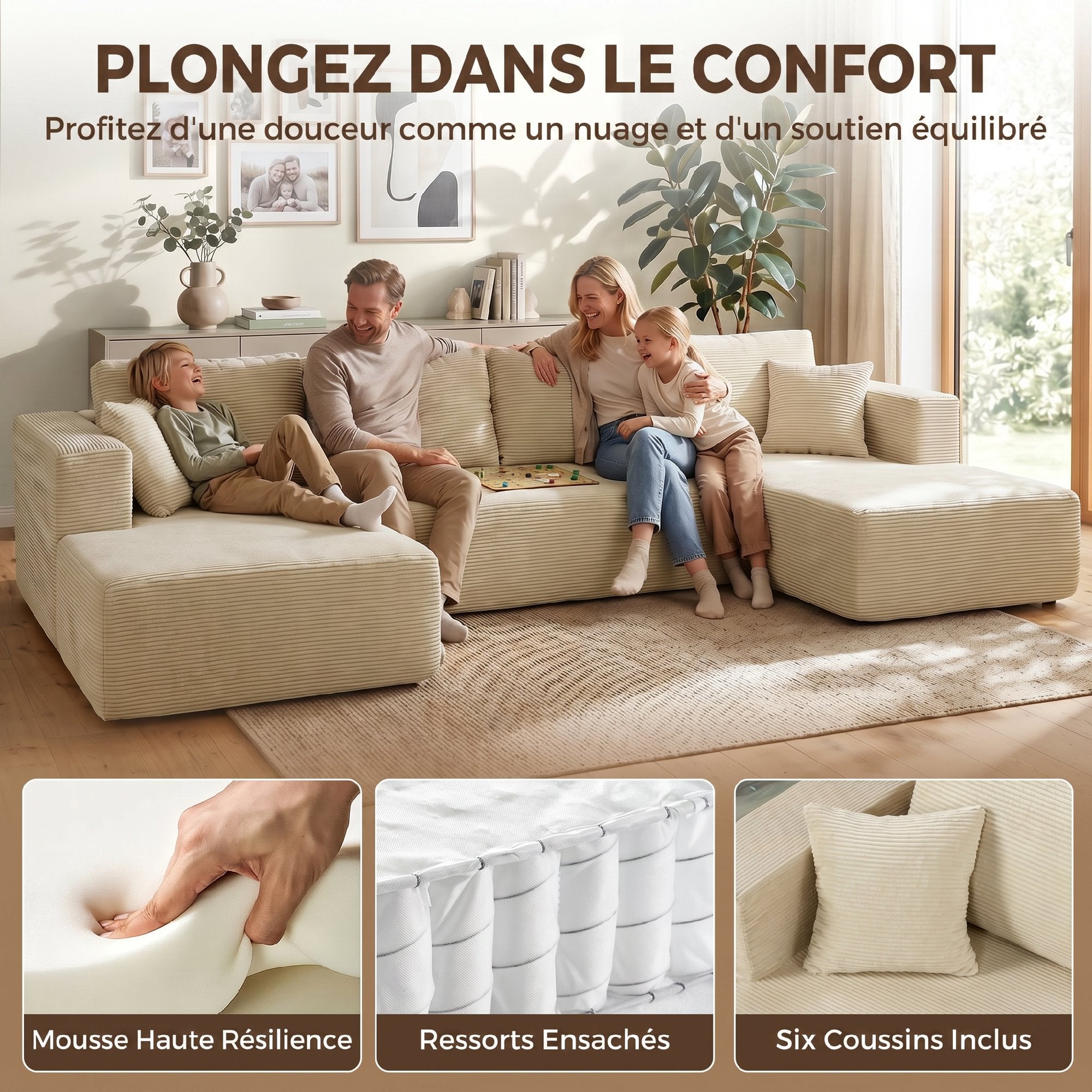 Canapé Modulaire en U Compressé 337 cm, Canapé 4 places Convertible en Velours Côtelé, 2 Méridiennes, 6 Coussins, Assise Large et Poches Latérales, pour Salon, Aucun Assemblage Requis, Crème