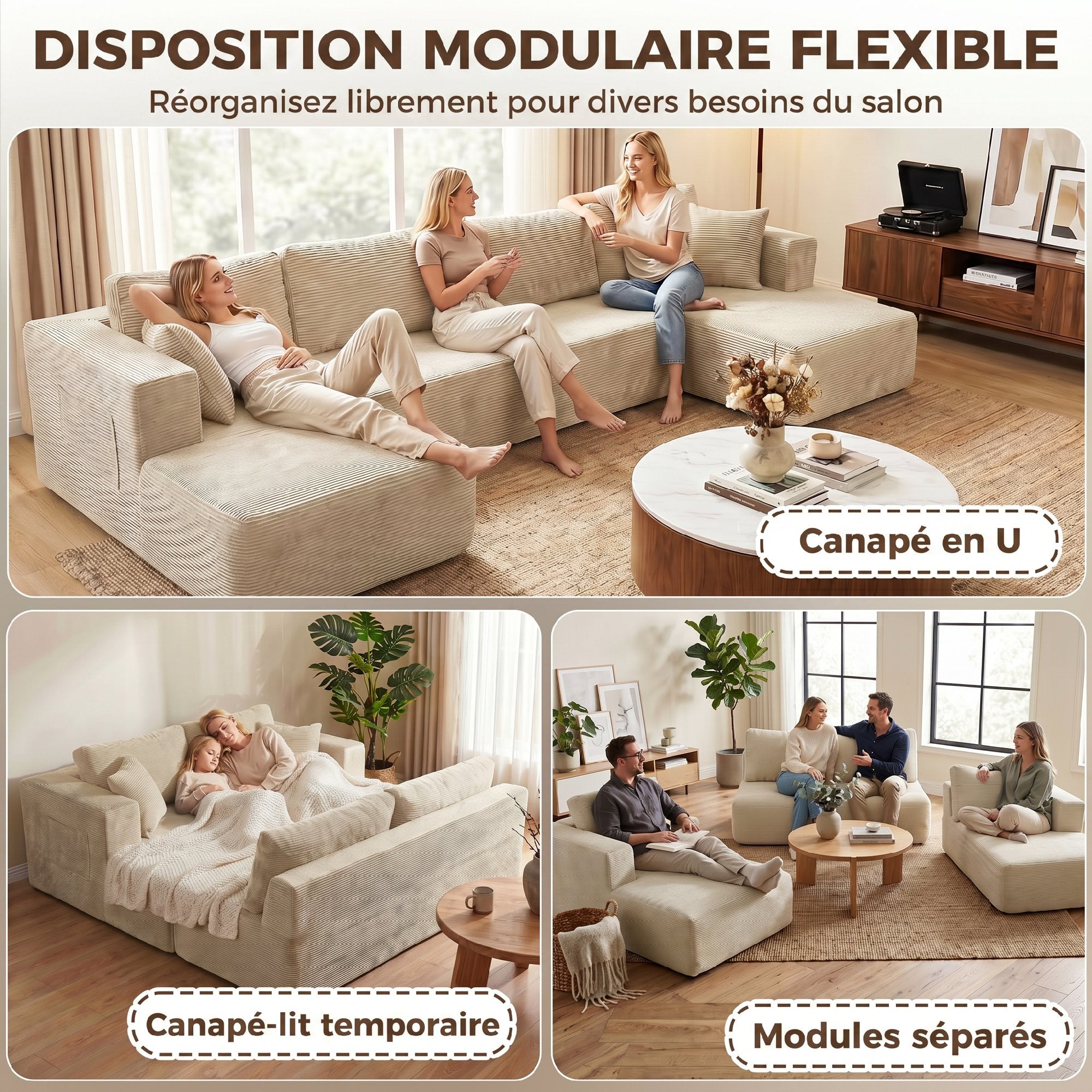 Canapé Modulaire en U Compressé 337 cm, Canapé 4 places Convertible en Velours Côtelé, 2 Méridiennes, 6 Coussins, Assise Large et Poches Latérales, pour Salon, Aucun Assemblage Requis, Crème