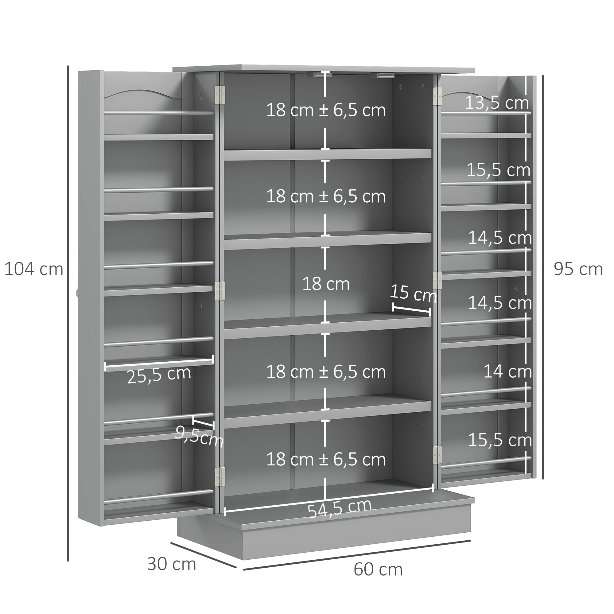 Armoire de cuisine buffet cuisine vaisselier meuble de rangement moderne avec placards, étagère réglable et 12 porte-épices, garde-manger pour salle à manger, salon, 60 x 30 x 104 cm, gris