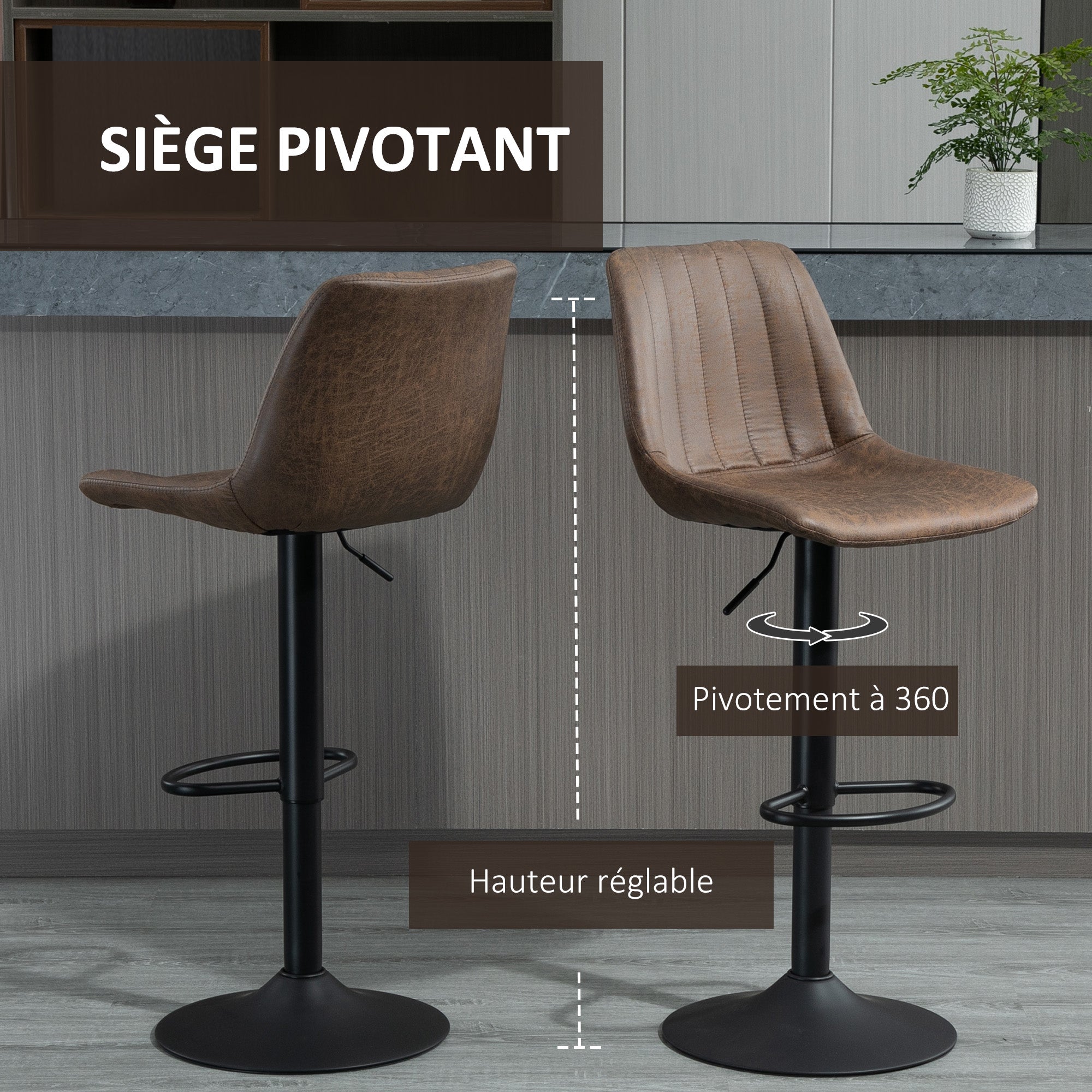Lot de 2 tabourets de bar tabouret haut style vintage hauteur réglable pivotant avec repose-pied marron