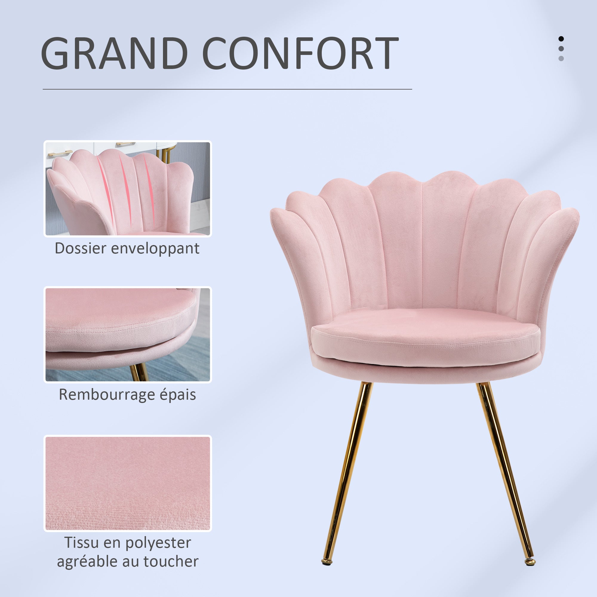 Fauteuil coquillage chaise coiffeuse fauteuil en velours fauteuil de salon avec pieds en métal doré pour salon chambre et salle à manger 67l x 64P x 77H cm rose poudré